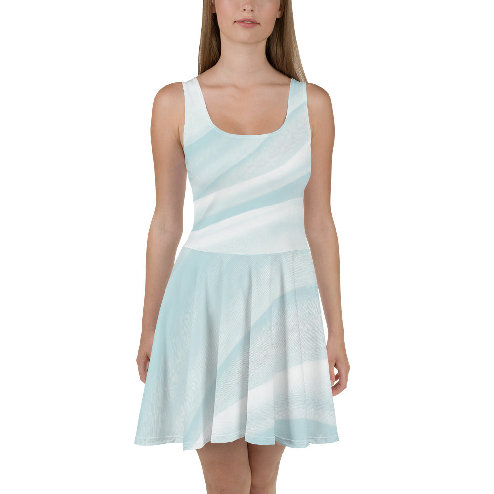 A stylish women's skater dress featuring a pastel blue swirl pattern, showcasing a flattering A-line silhouette and sleeveless design.