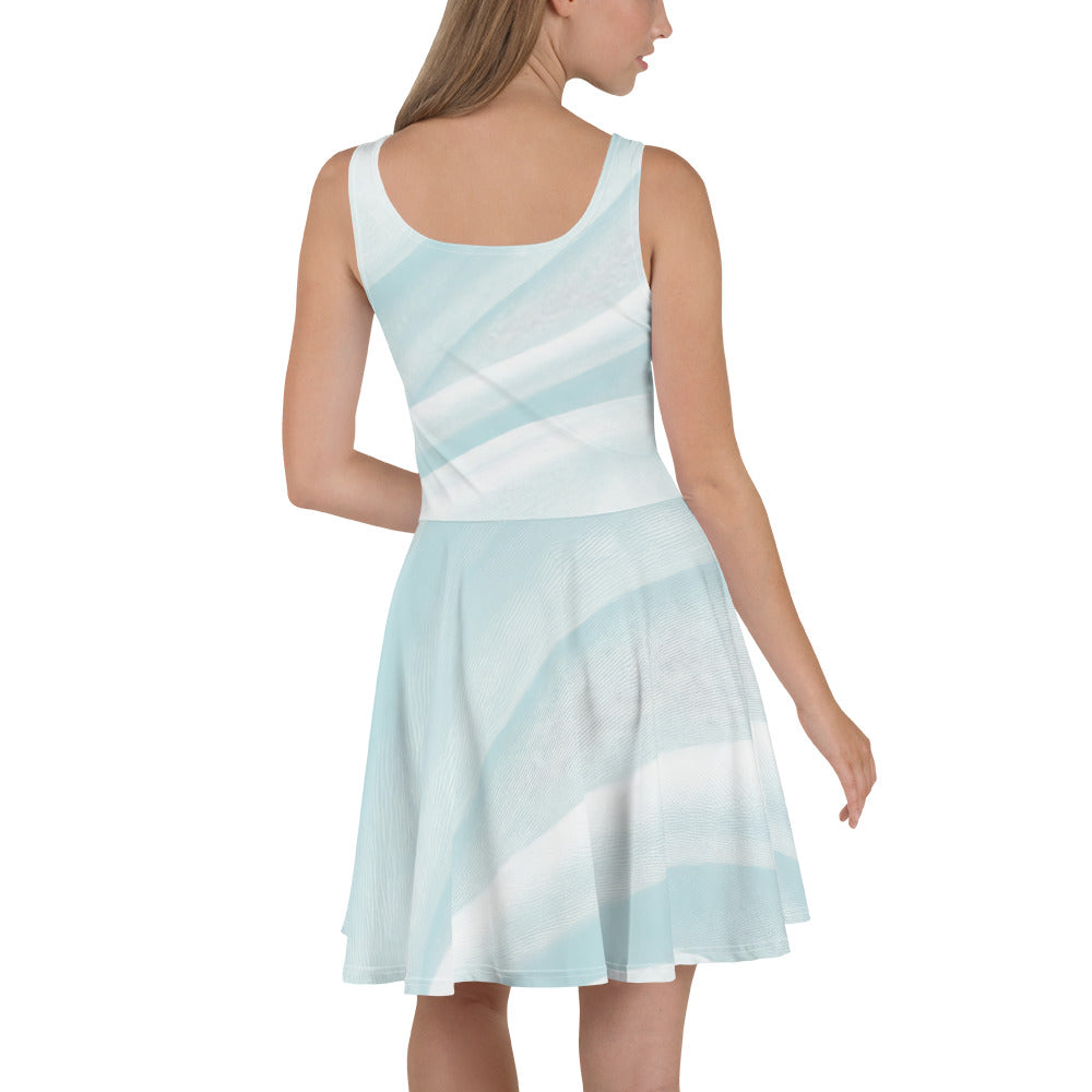 A stylish women's skater dress featuring a pastel blue swirl pattern, showcasing a flattering A-line silhouette and sleeveless design.