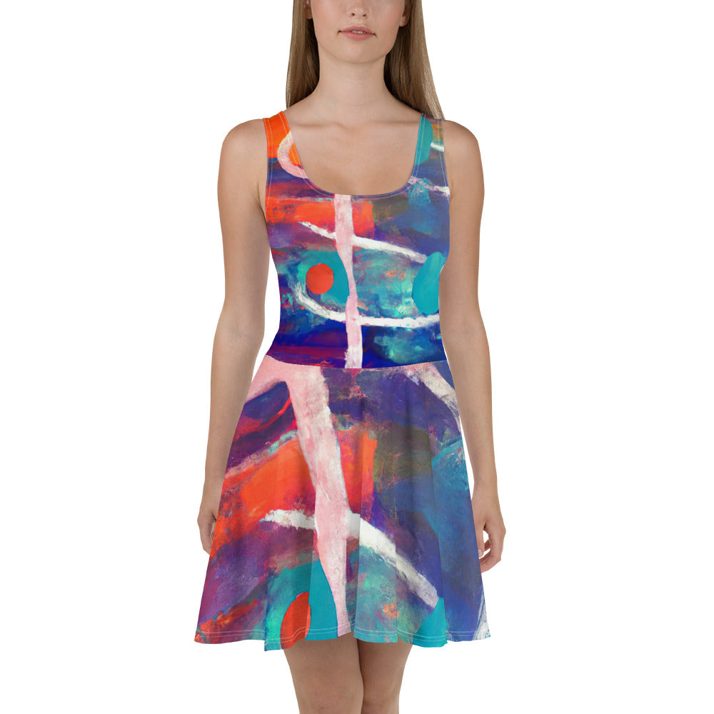 A vibrant Women's Skater Dress featuring a red and blue abstract print, showcasing a flattering A-line silhouette and sleeveless design.