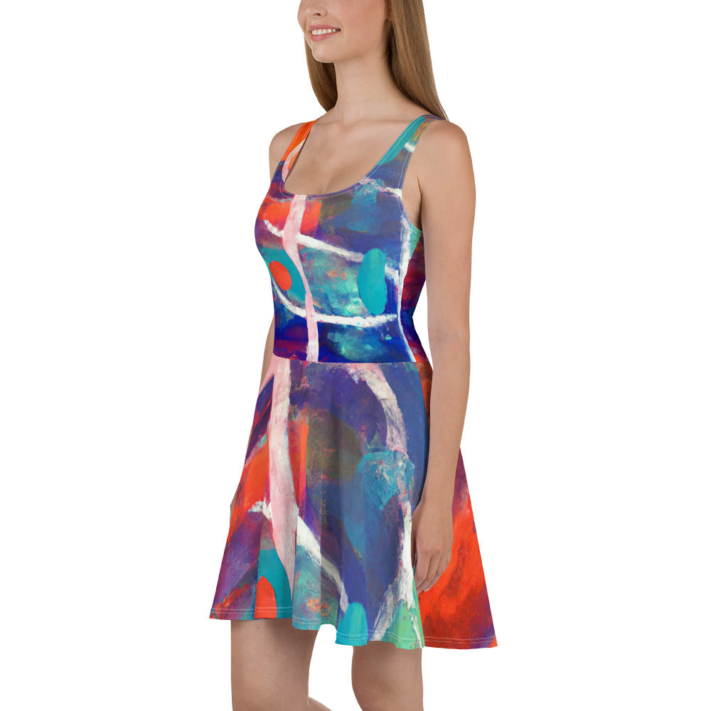 A vibrant Women's Skater Dress featuring a red and blue abstract print, showcasing a flattering A-line silhouette and sleeveless design.