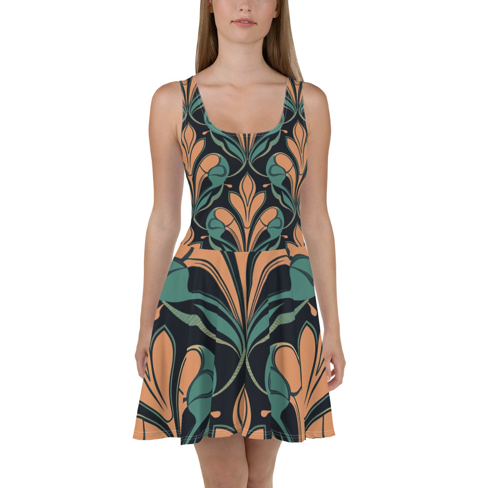 A stylish women's skater dress featuring a retro vintage print, showcasing a flattering A-line silhouette and knee-length hem.