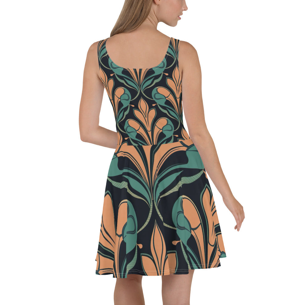 A stylish women's skater dress featuring a retro vintage print, showcasing a flattering A-line silhouette and knee-length hem.