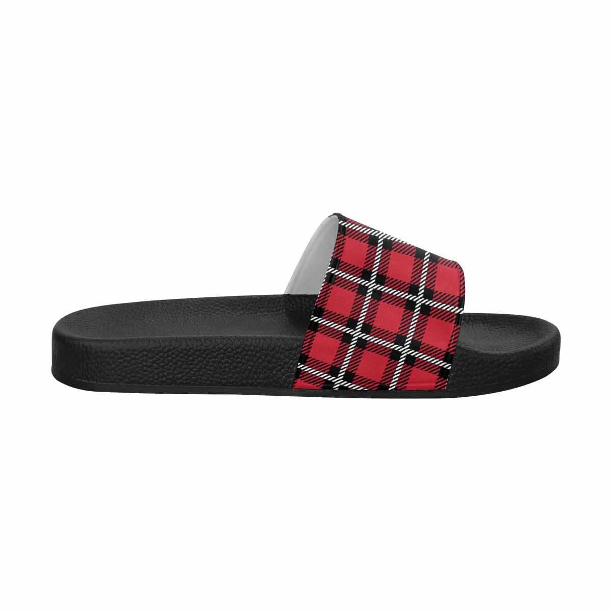 A pair of women's slide sandals featuring a buffalo plaid red design, showcasing soft PVC straps and a durable sole.
