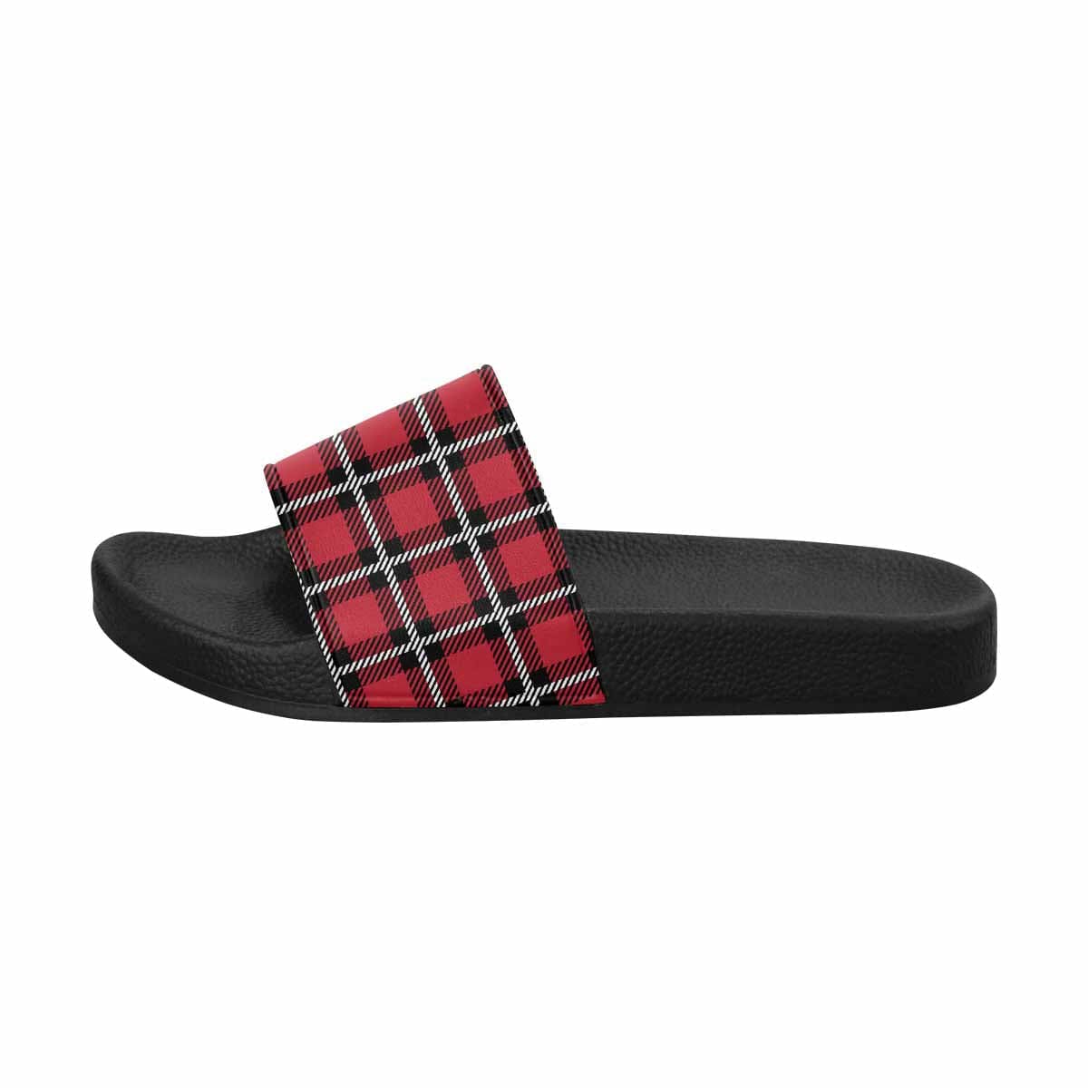 A pair of women's slide sandals featuring a buffalo plaid red design, showcasing soft PVC straps and a durable sole.