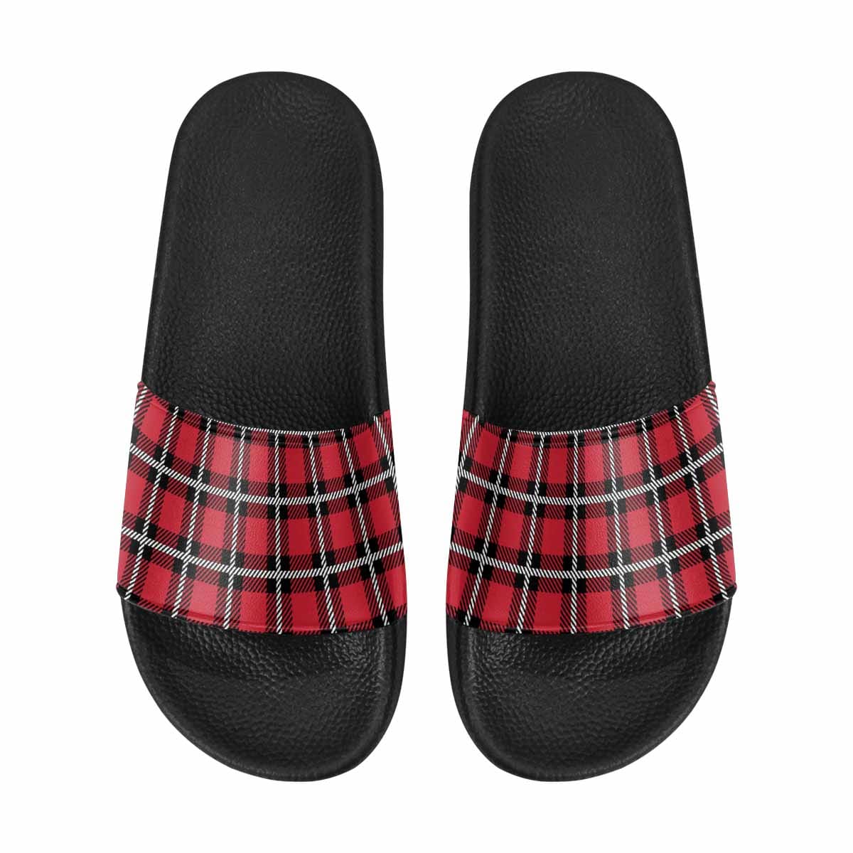 A pair of women's slide sandals featuring a buffalo plaid red design, showcasing soft PVC straps and a durable sole.