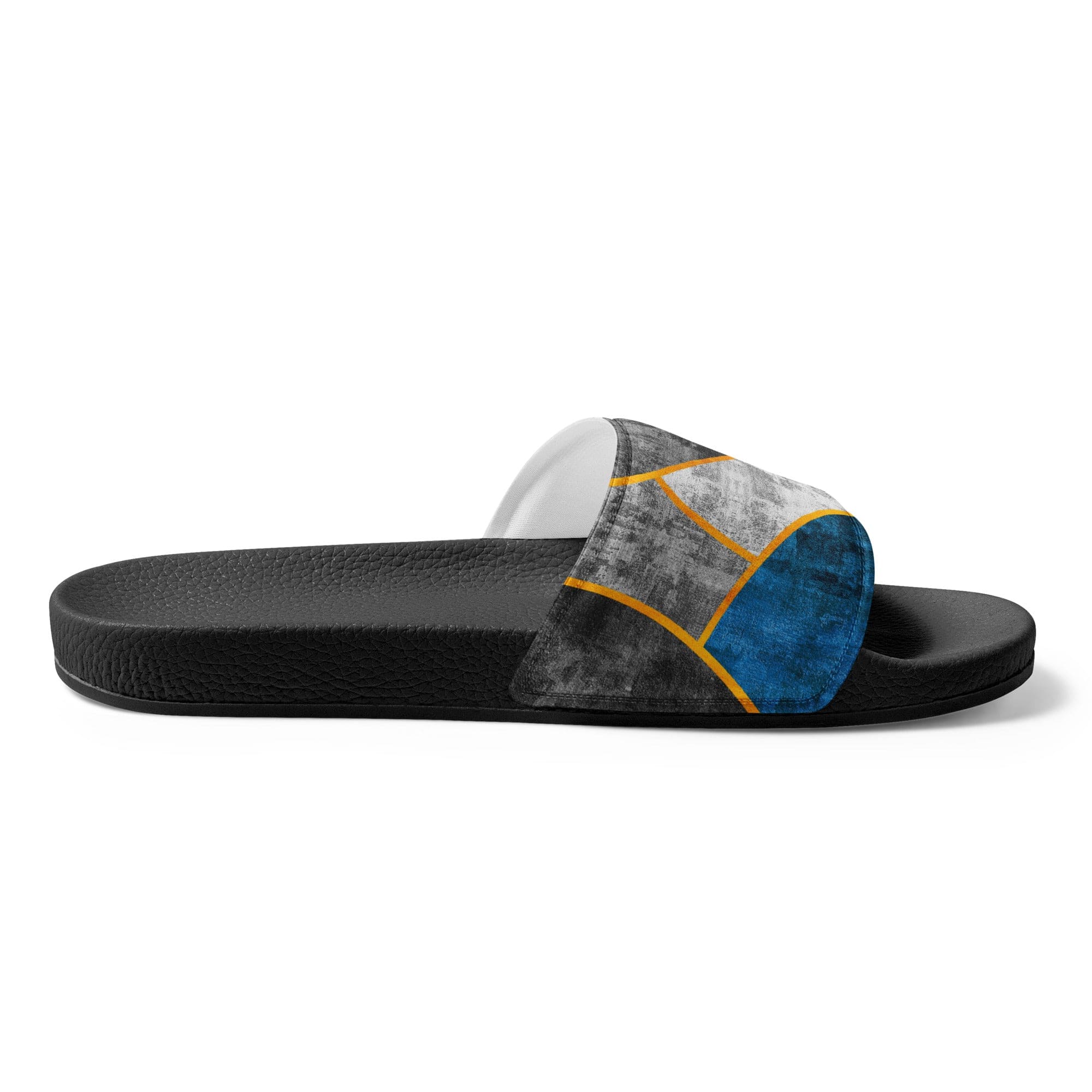Women's slides featuring a black, blue, and grey circular geometric pattern, designed for comfort and style.