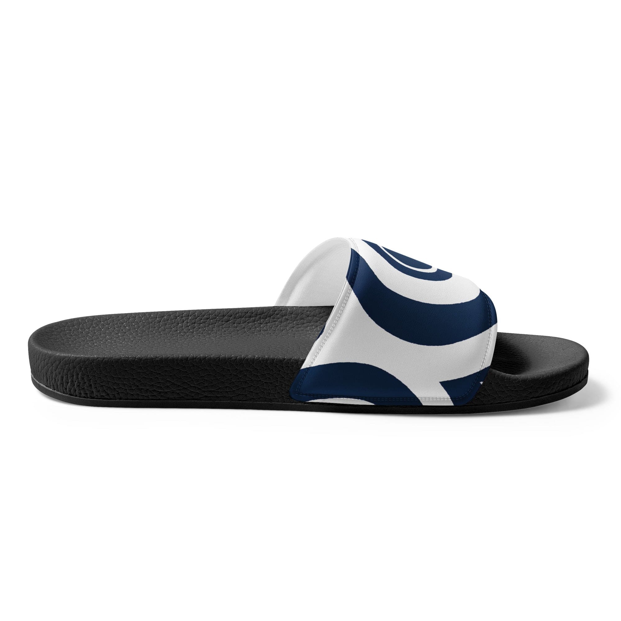 Navy blue and white women's slides featuring a circular pattern, designed for comfort and style, perfect for summer activities.
