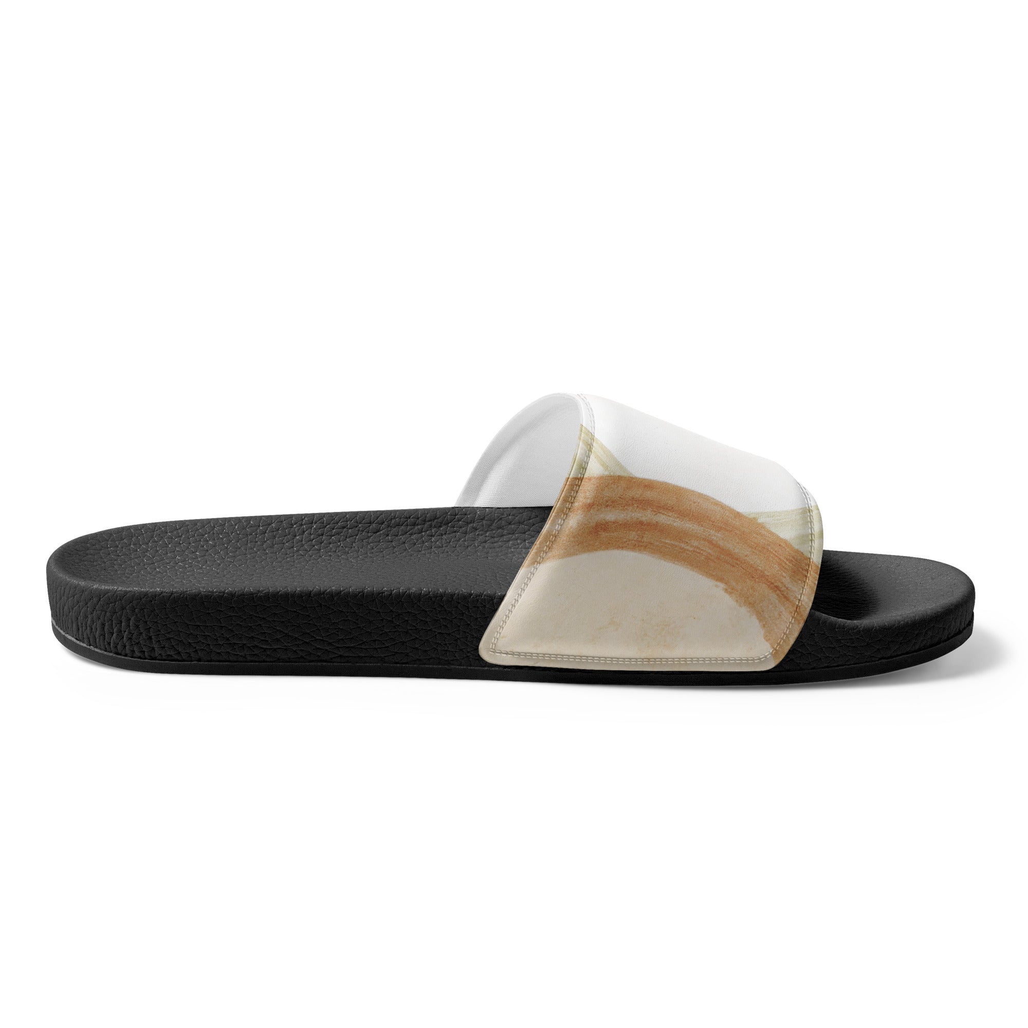 Women's slides featuring pastel brown, beige, and green geometric tri circular shapes, designed for comfort and style.