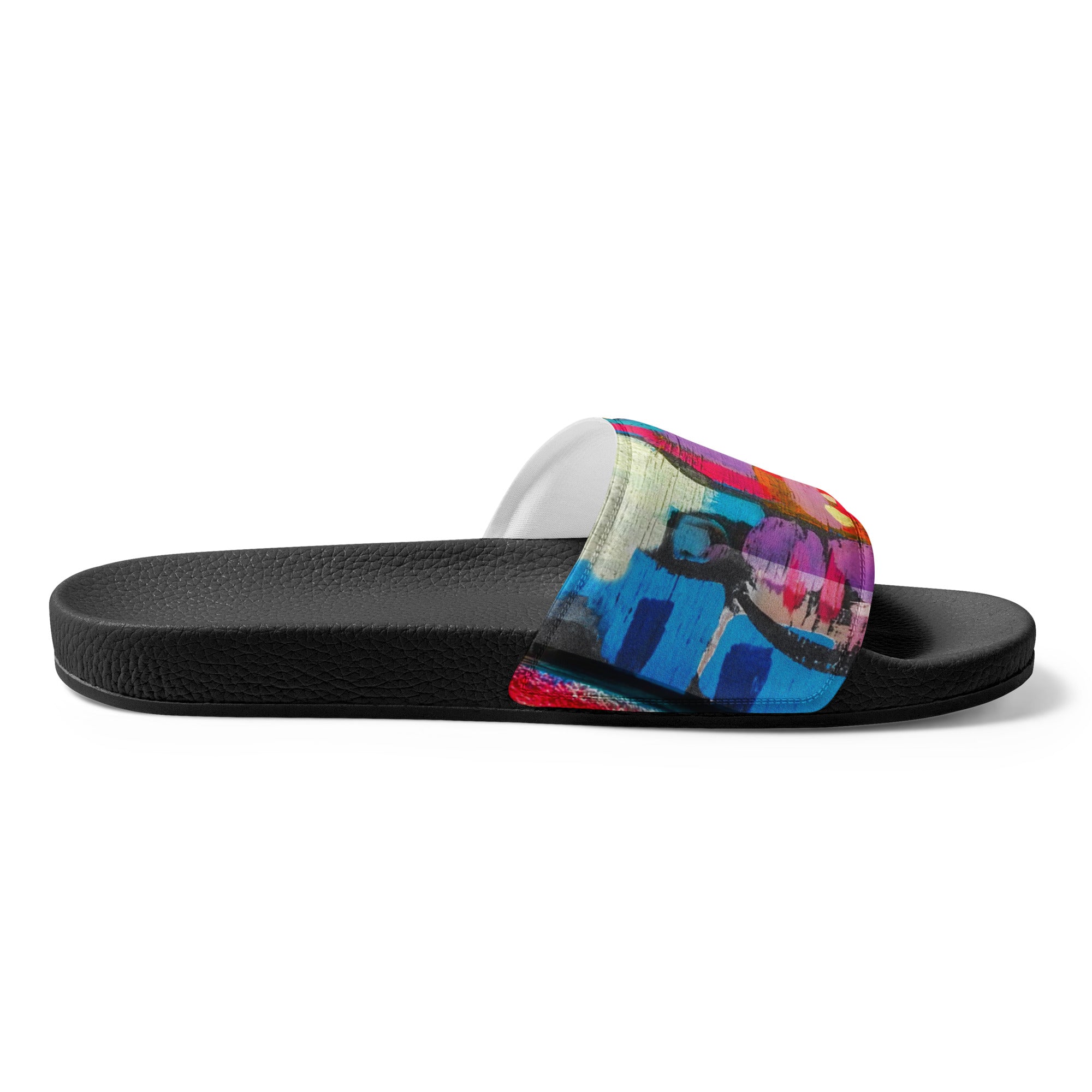 Colorful abstract print women's slides with cushioned faux leather strap and textured footbed, perfect for summer activities.