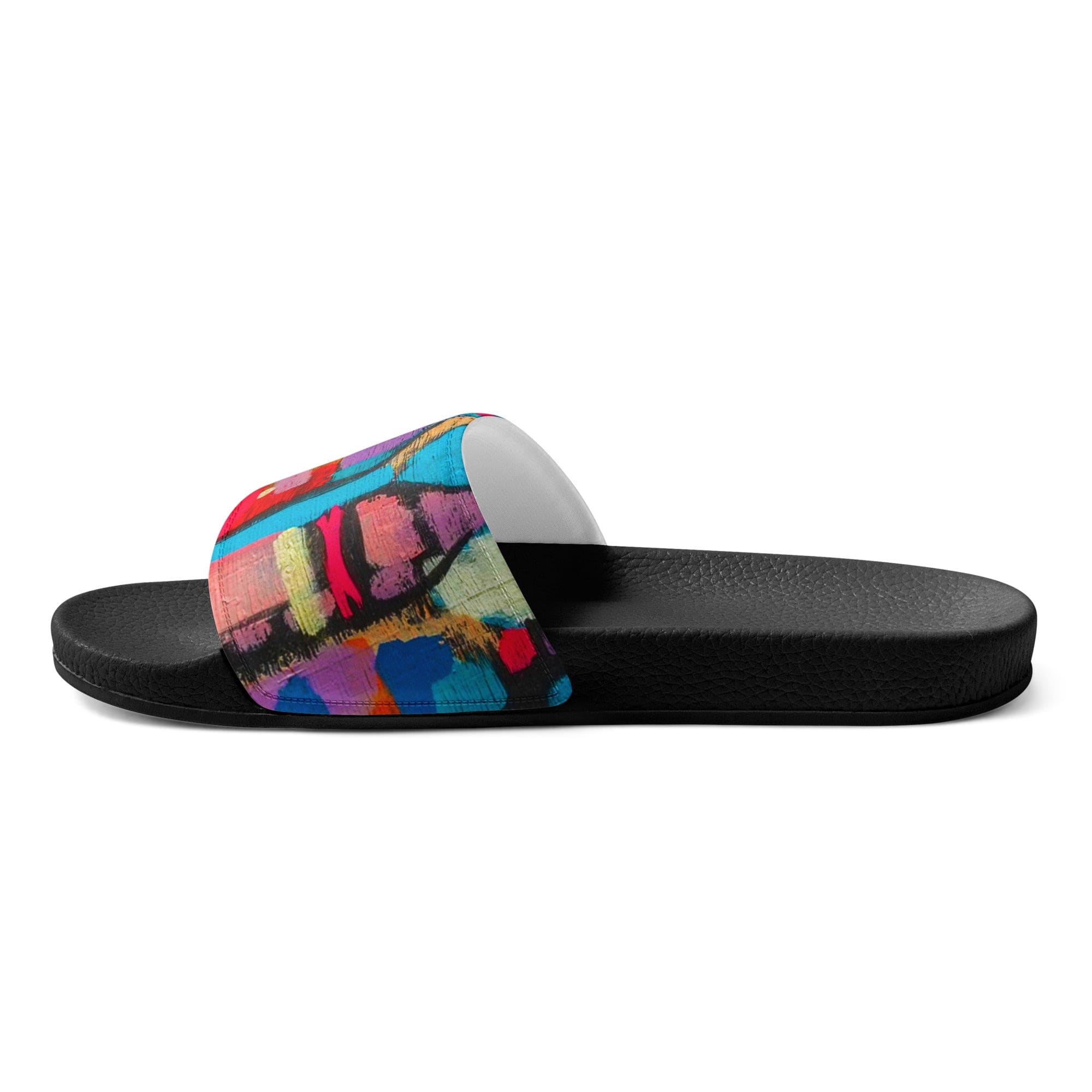 Colorful abstract print women's slides with cushioned faux leather strap and textured footbed, perfect for summer activities.