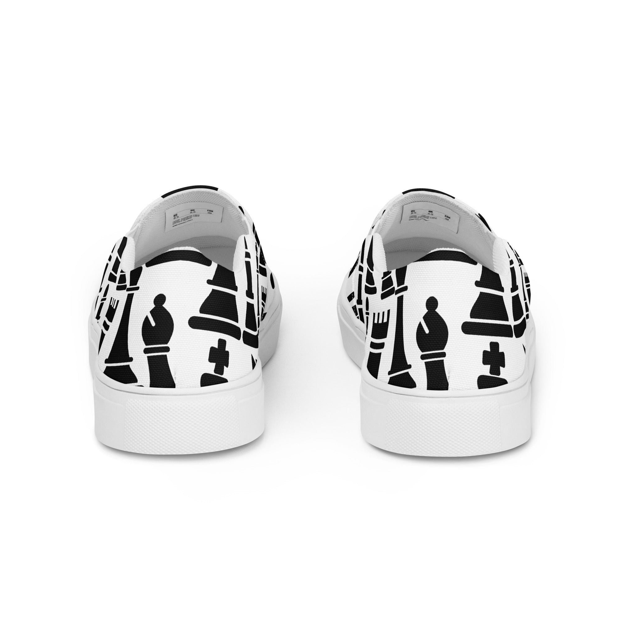 Womens slip-on canvas shoes featuring a black and white chess print, designed for comfort and style with elastic side goring and a durable rubber sole.