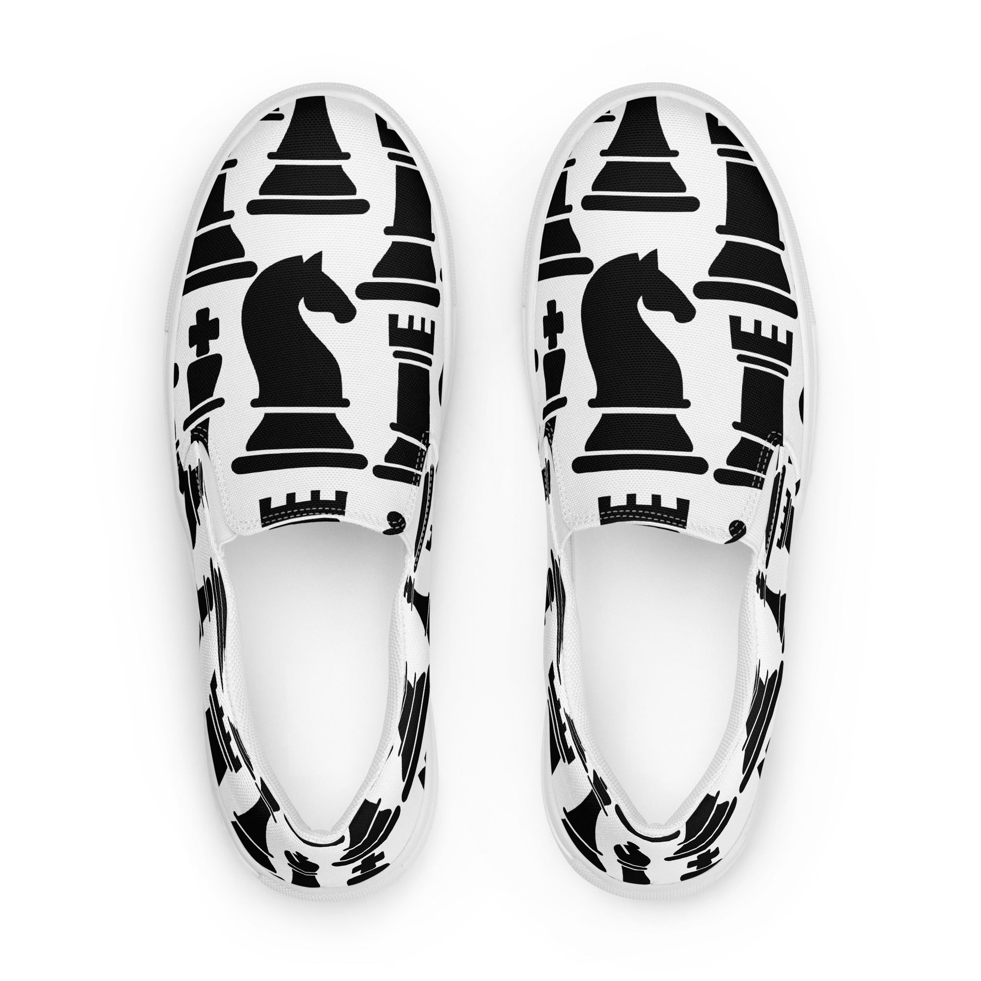 Womens slip-on canvas shoes featuring a black and white chess print, designed for comfort and style with elastic side goring and a durable rubber sole.