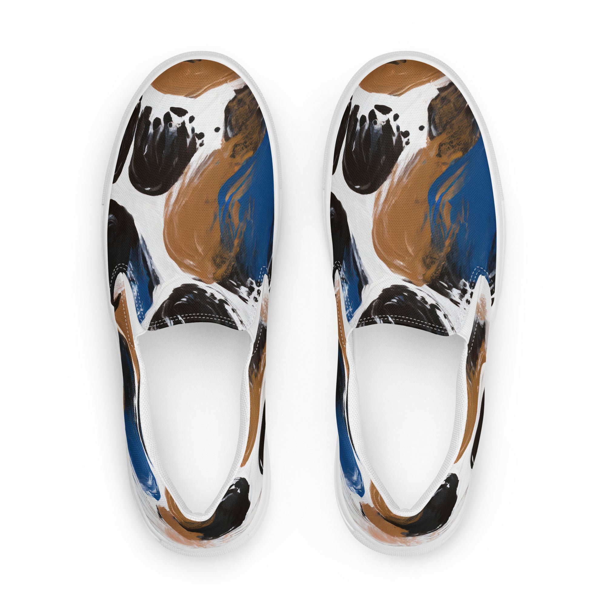 Womens slip-on canvas shoes featuring a blue and brown spotted pattern, designed for comfort and style.
