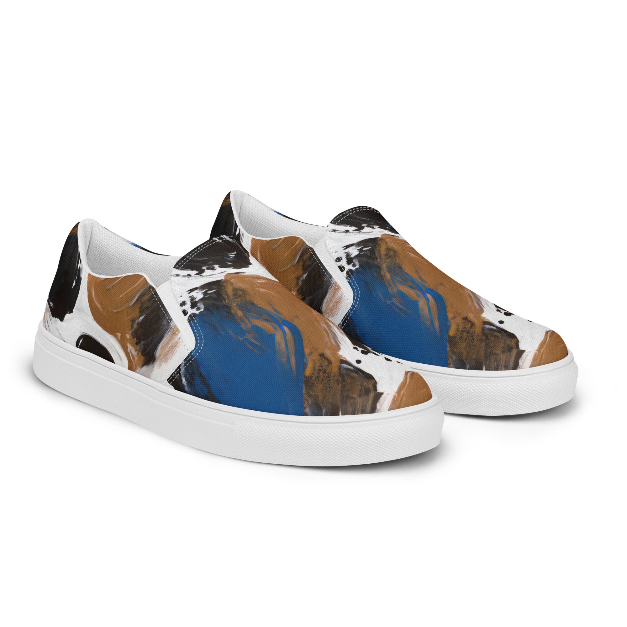 Womens slip-on canvas shoes featuring a blue and brown spotted pattern, designed for comfort and style.