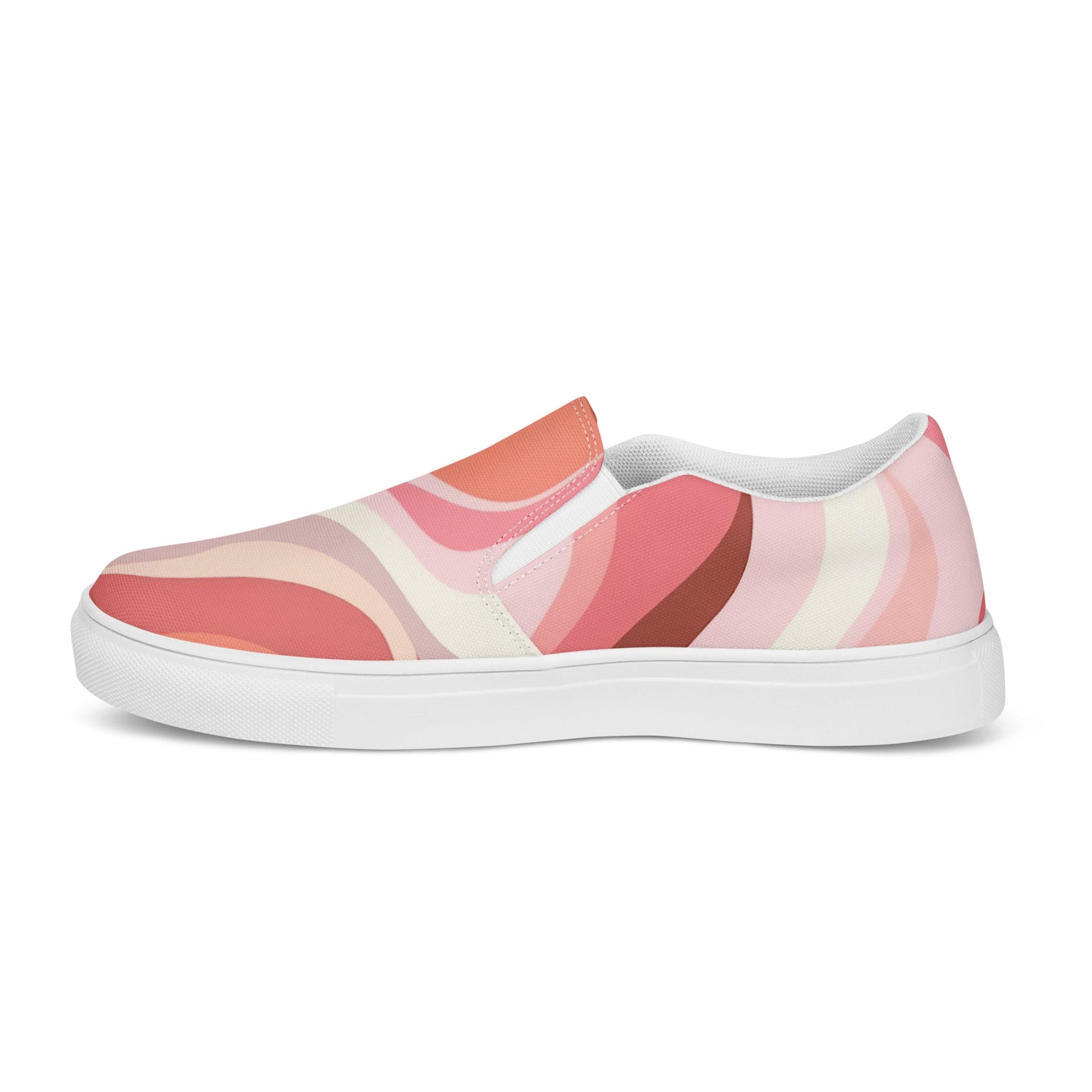 Women’s slip-on canvas shoes featuring a Boho pink and white contemporary art design, showcasing a stylish and comfortable look.