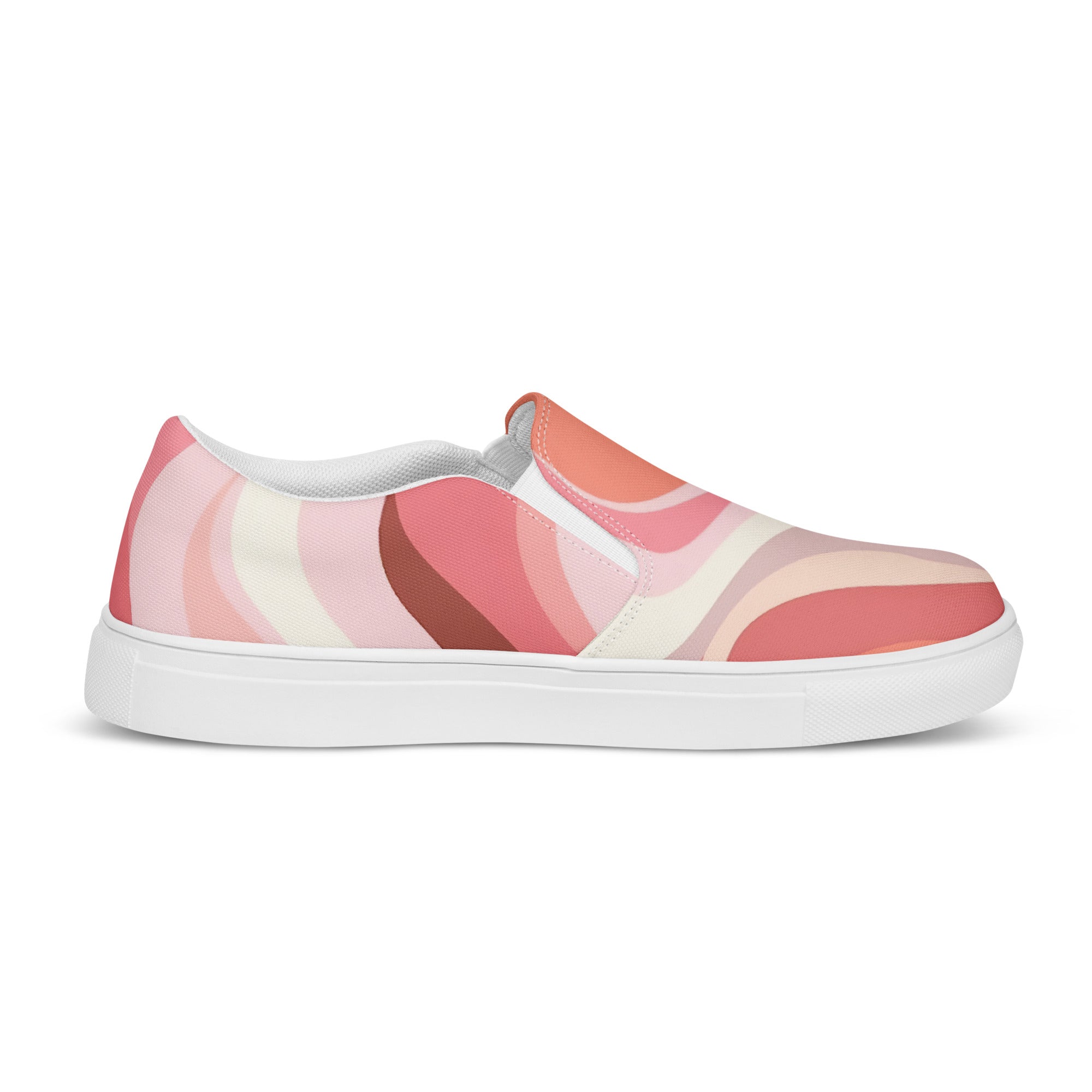 Women’s slip-on canvas shoes featuring a Boho pink and white contemporary art design, showcasing a stylish and comfortable look.