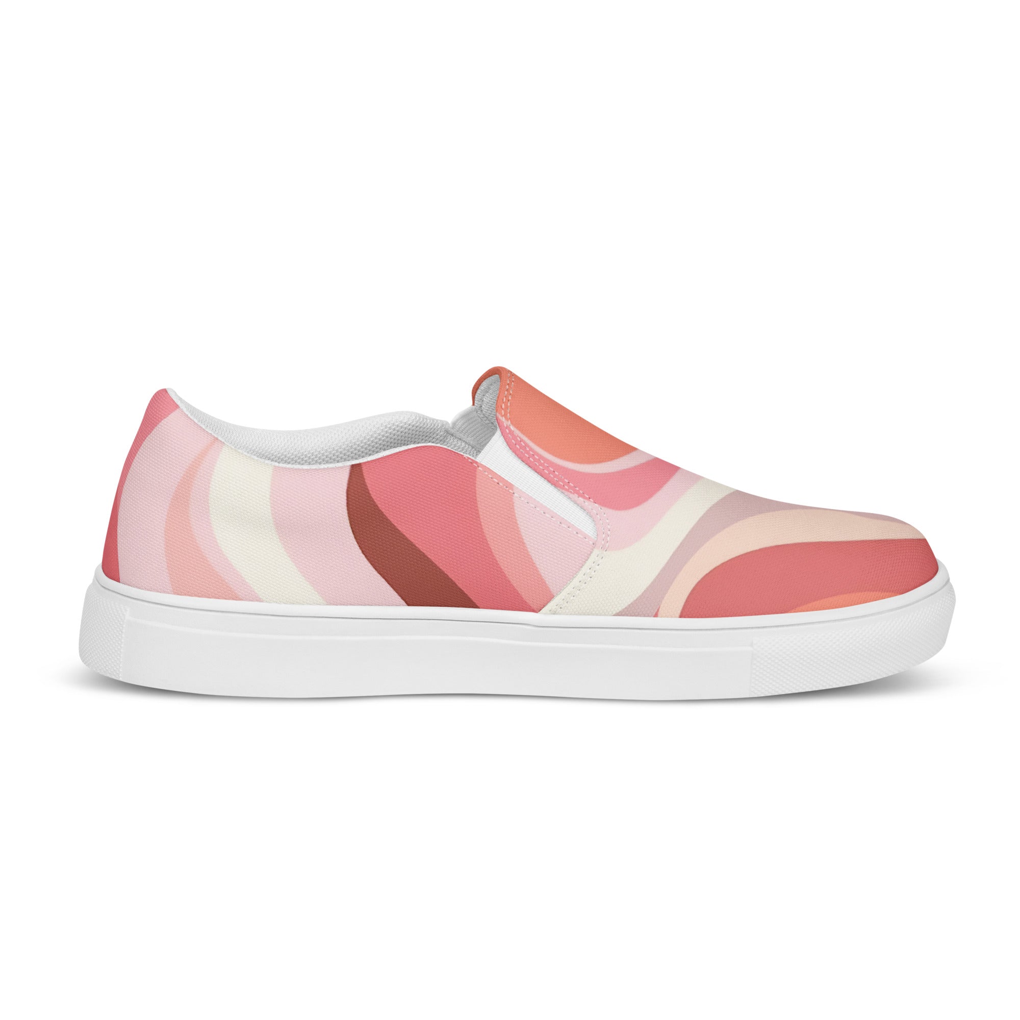 Women’s slip-on canvas shoes featuring a Boho pink and white contemporary art design, showcasing a stylish and comfortable look.