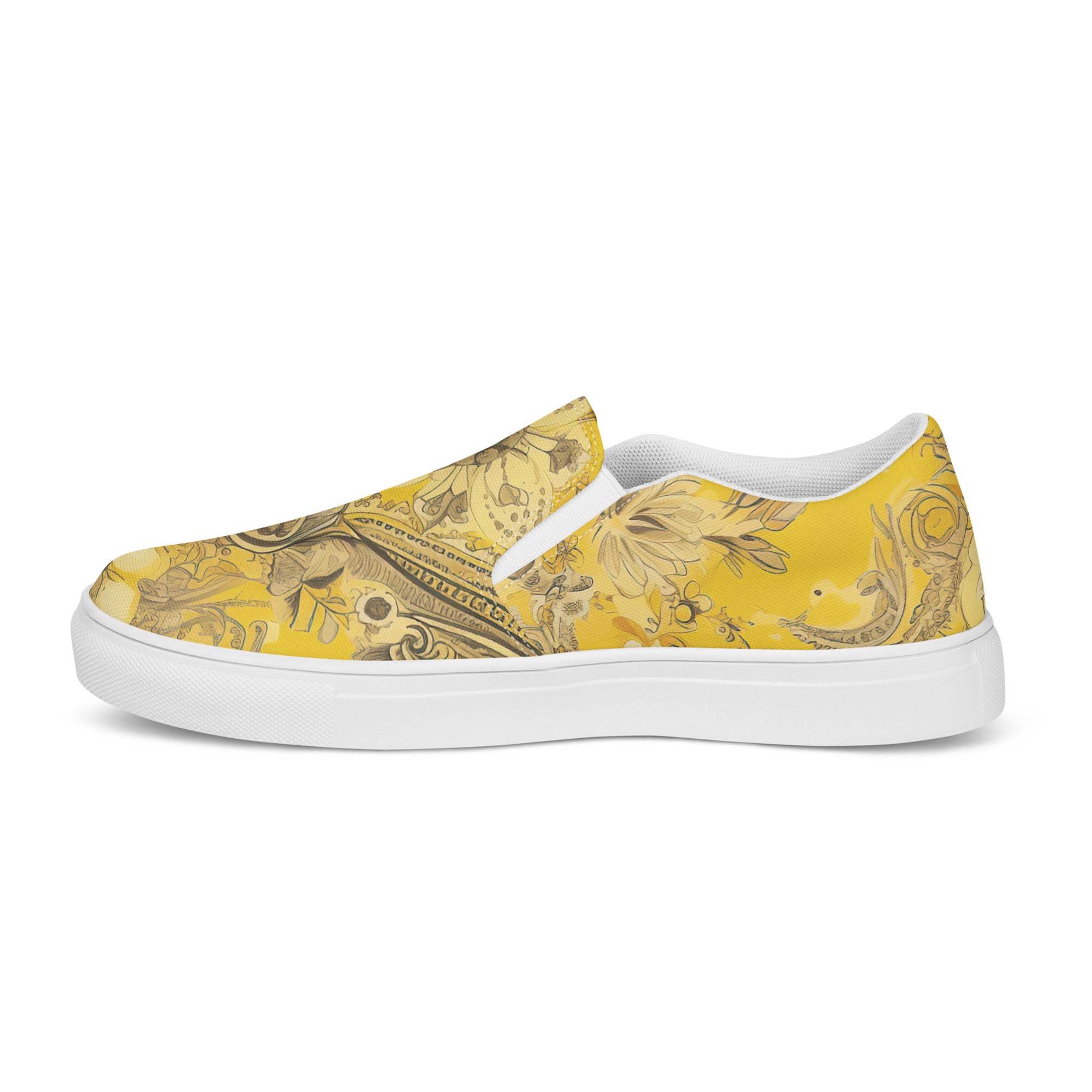Womens slip-on canvas shoes featuring a floral yellow bandanna illustration, showcasing a stylish and comfortable design.