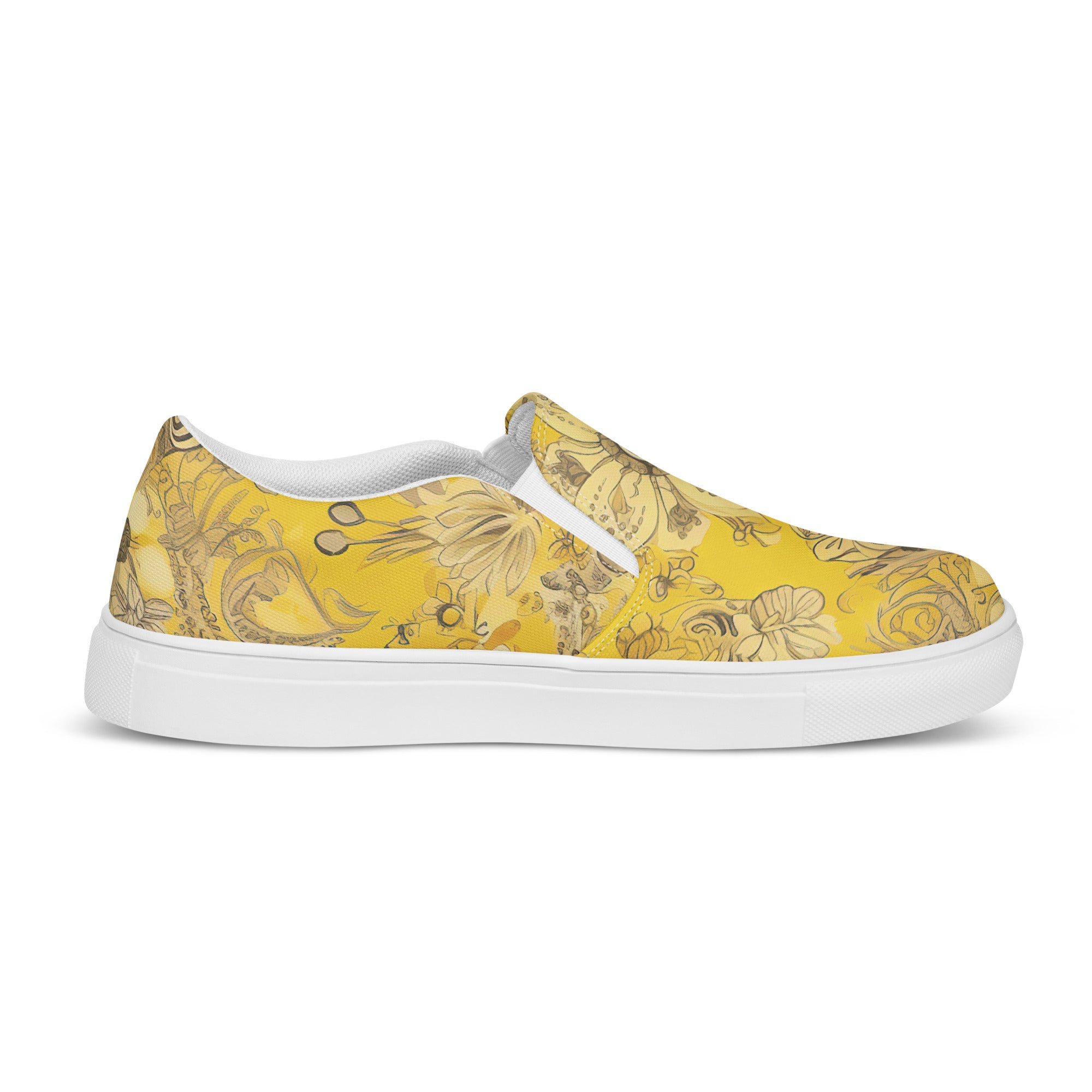Womens slip-on canvas shoes featuring a floral yellow bandanna illustration, showcasing a stylish and comfortable design.
