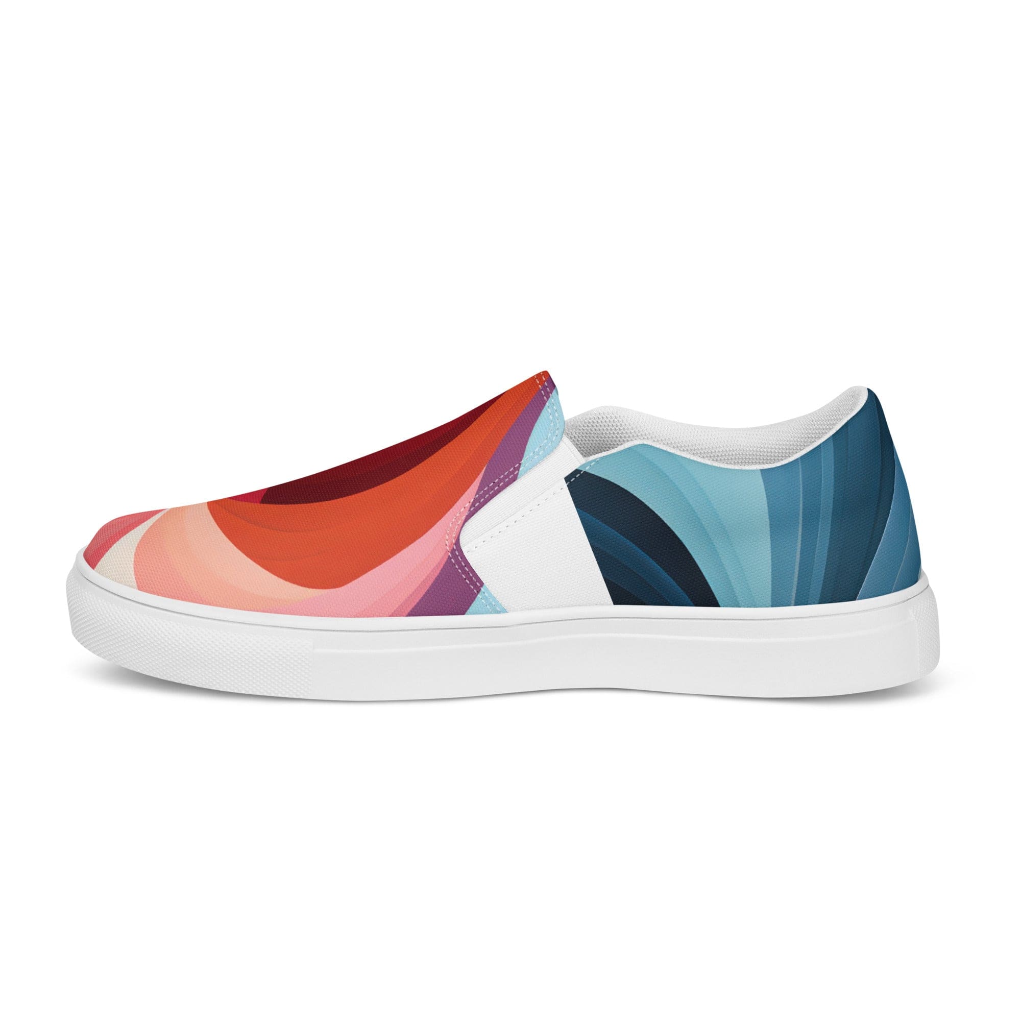 Womens Slip-on Canvas Shoes featuring a vibrant multicolor heart design, showcasing the breathable canvas upper and durable rubber sole.