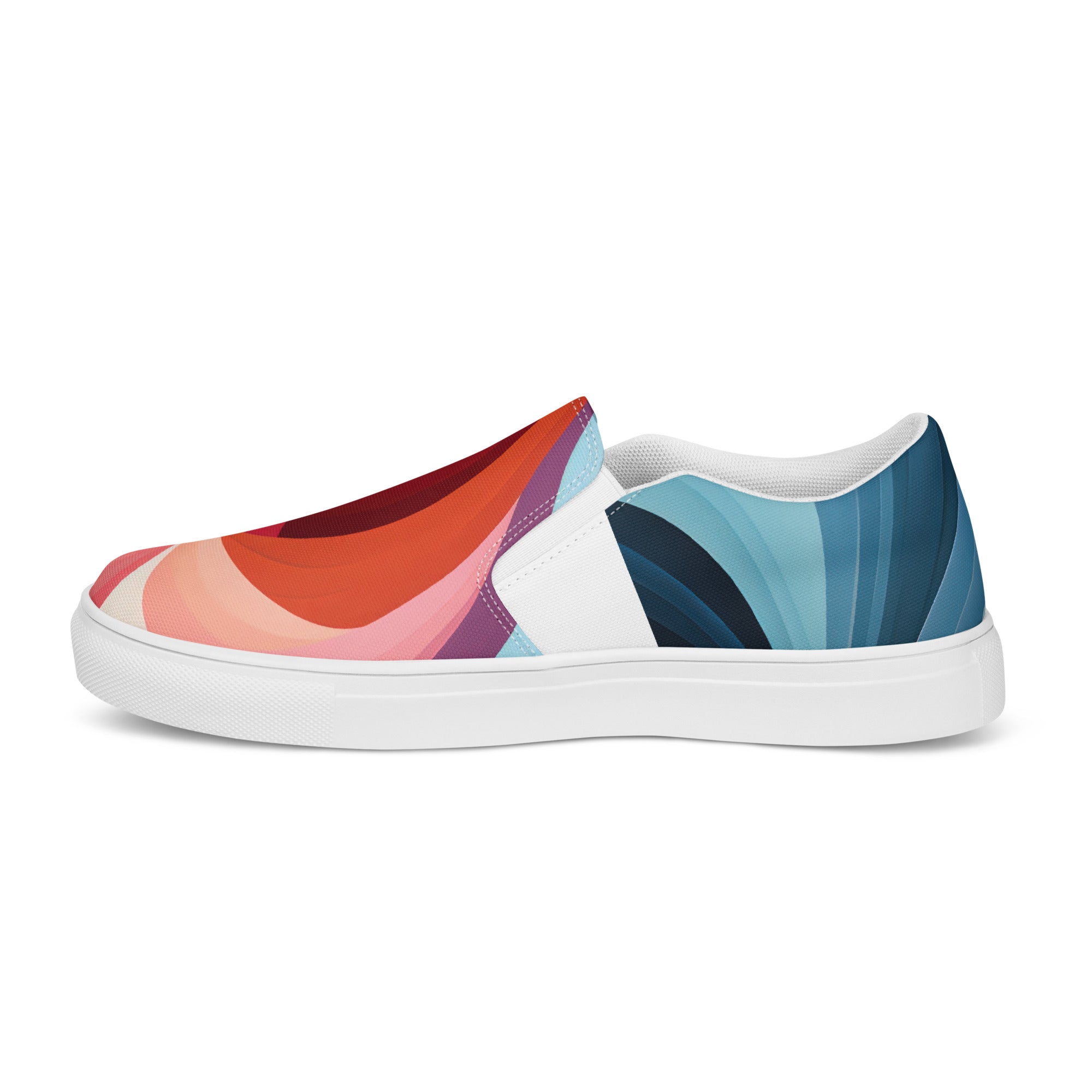 Womens Slip-on Canvas Shoes featuring a vibrant multicolor heart design, showcasing the breathable canvas upper and durable rubber sole.