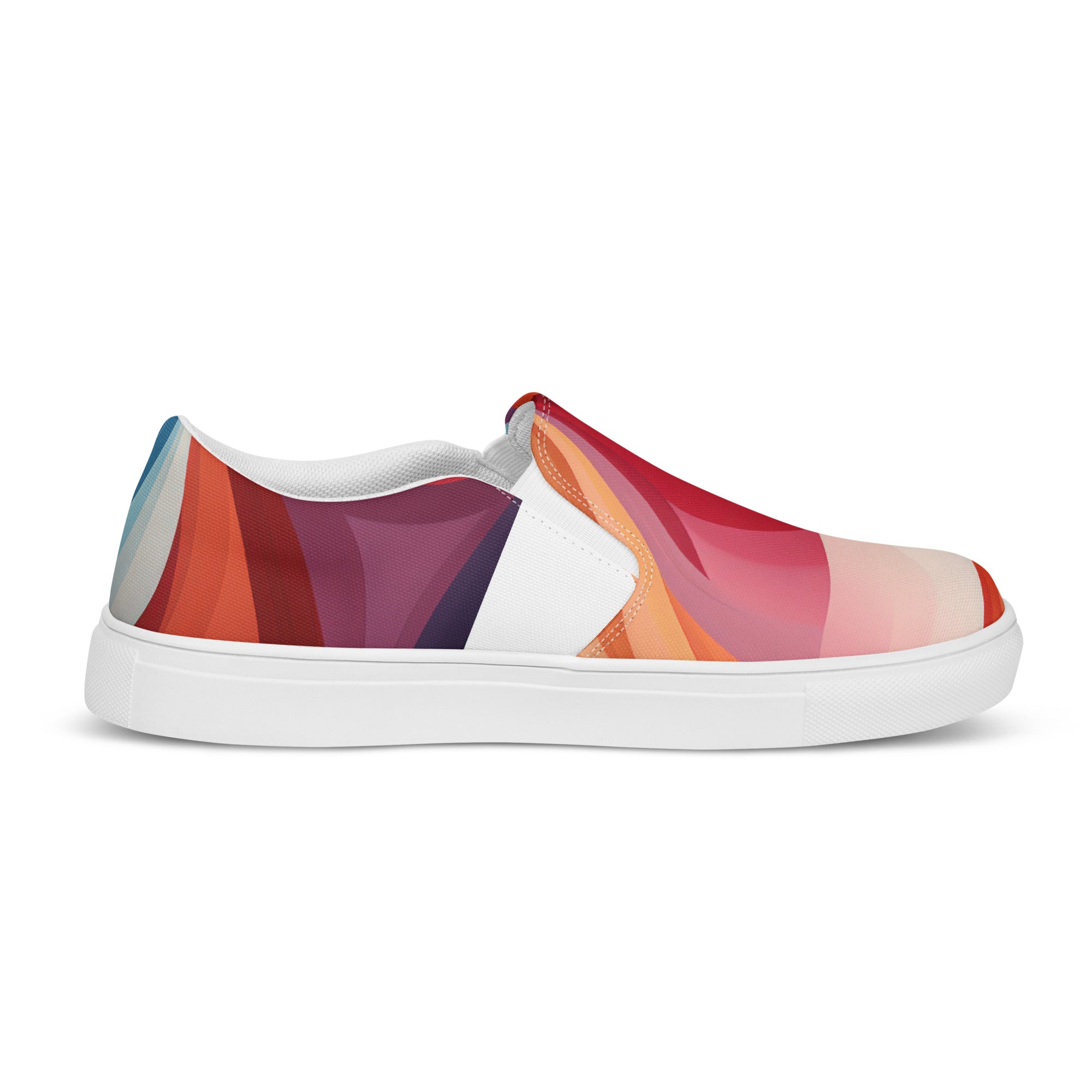 Womens Slip-on Canvas Shoes featuring a vibrant multicolor heart design, showcasing the breathable canvas upper and durable rubber sole.