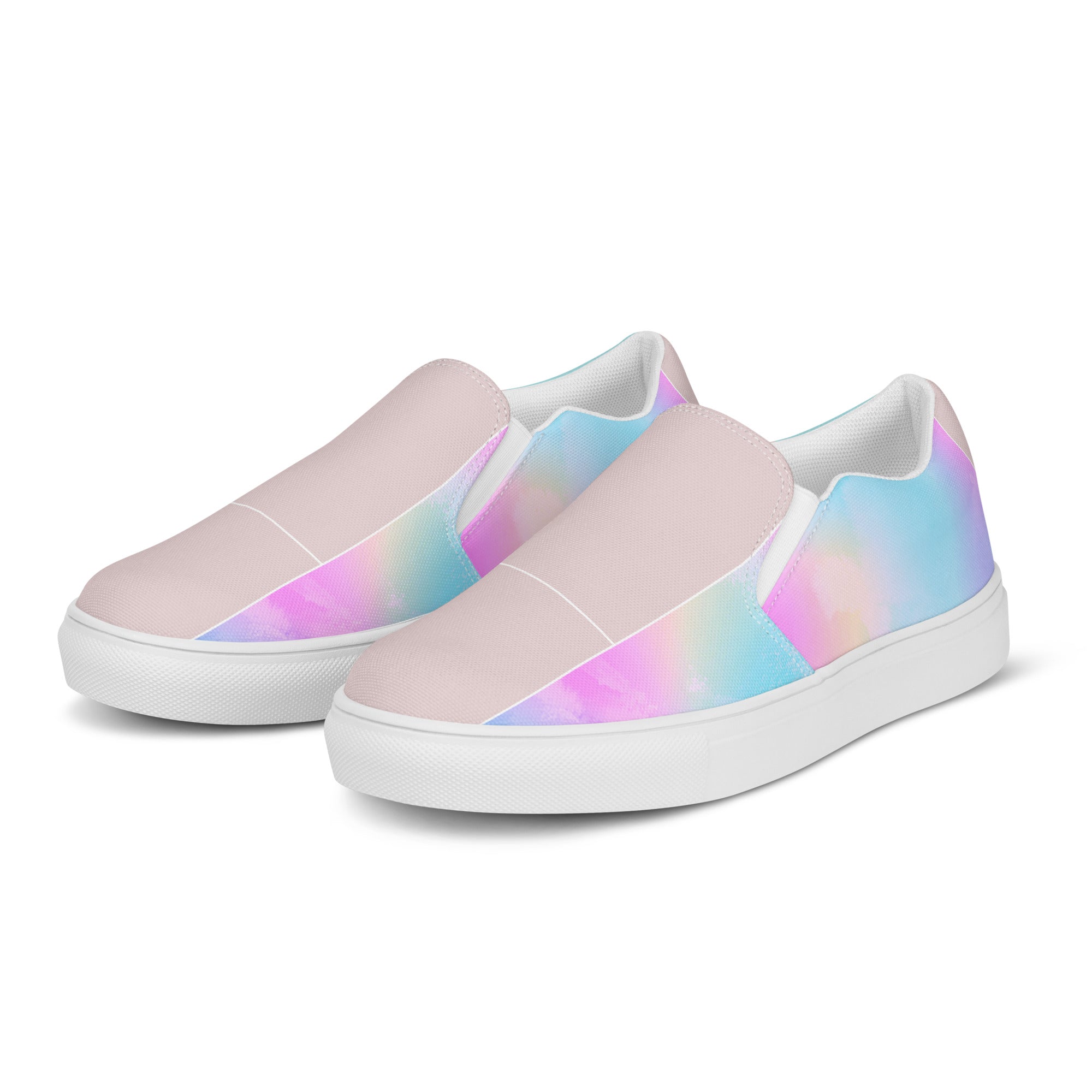 Women's slip-on canvas shoes featuring a pastel colorblock watercolor illustration, designed for comfort and style.