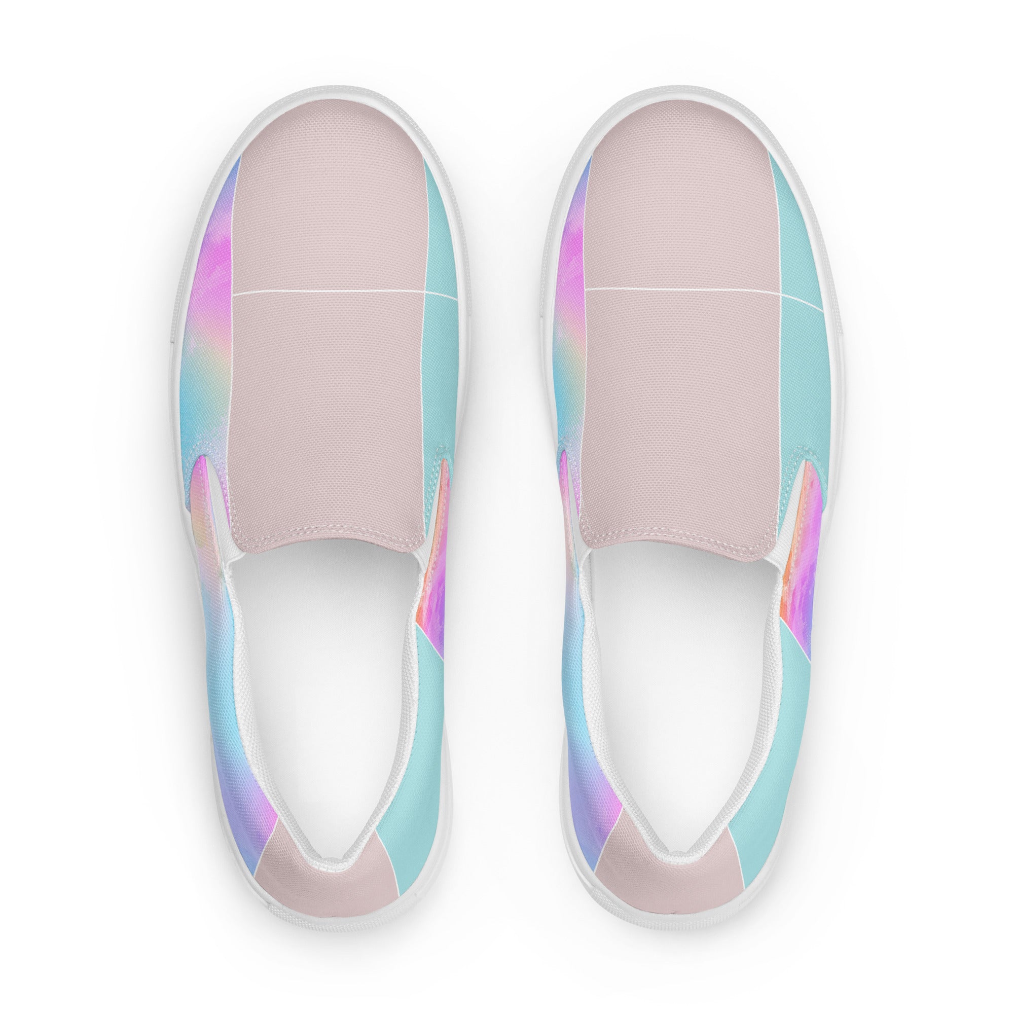 Women's slip-on canvas shoes featuring a pastel colorblock watercolor illustration, designed for comfort and style.