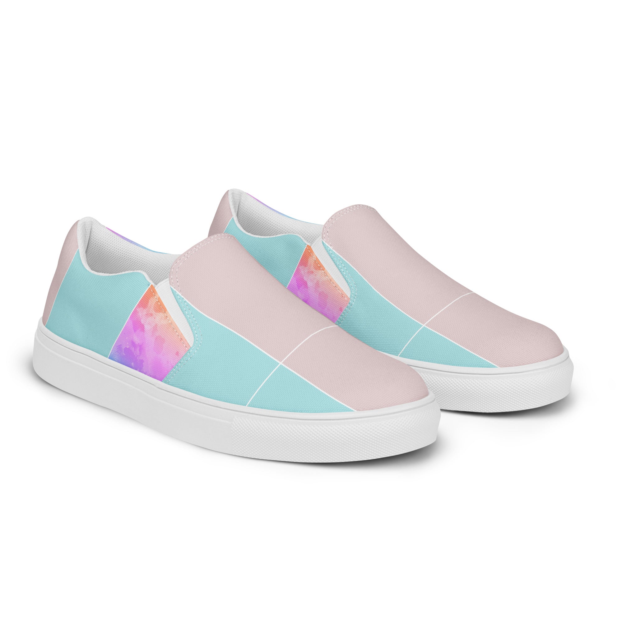 Women's slip-on canvas shoes featuring a pastel colorblock watercolor illustration, designed for comfort and style.