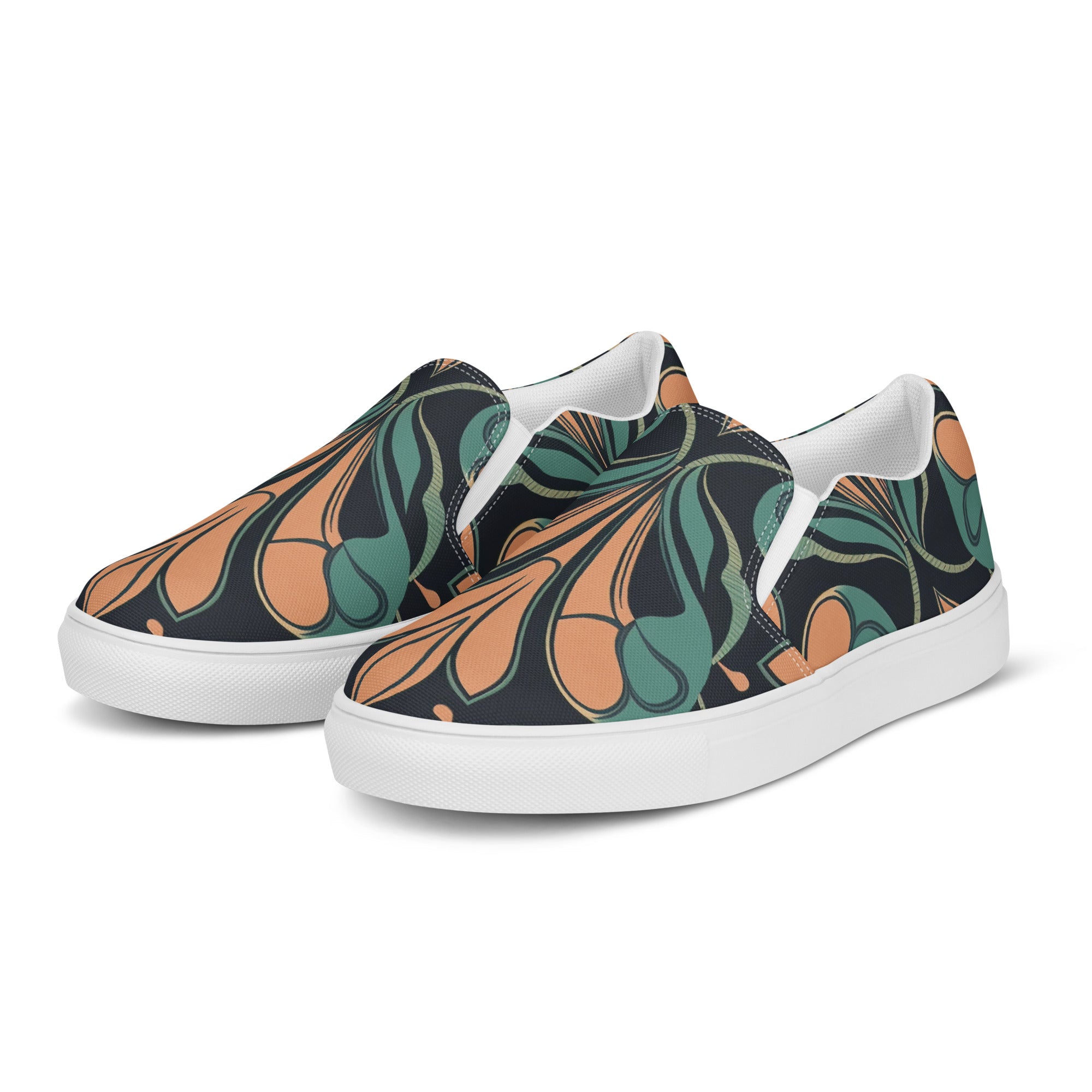 Womens slip-on canvas shoes featuring a retro vintage green and cream pattern, designed for comfort and style.