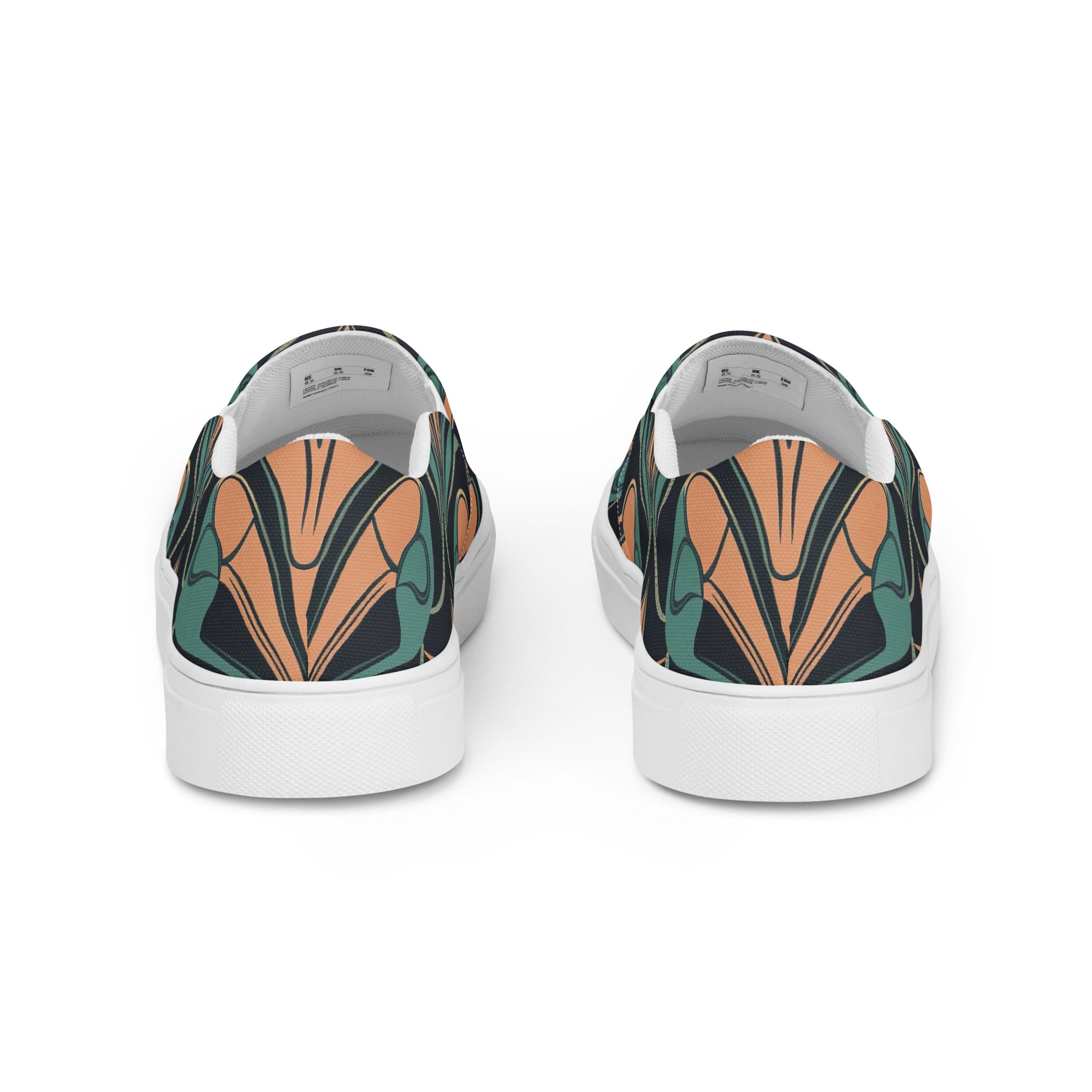 Womens slip-on canvas shoes featuring a retro vintage green and cream pattern, designed for comfort and style.