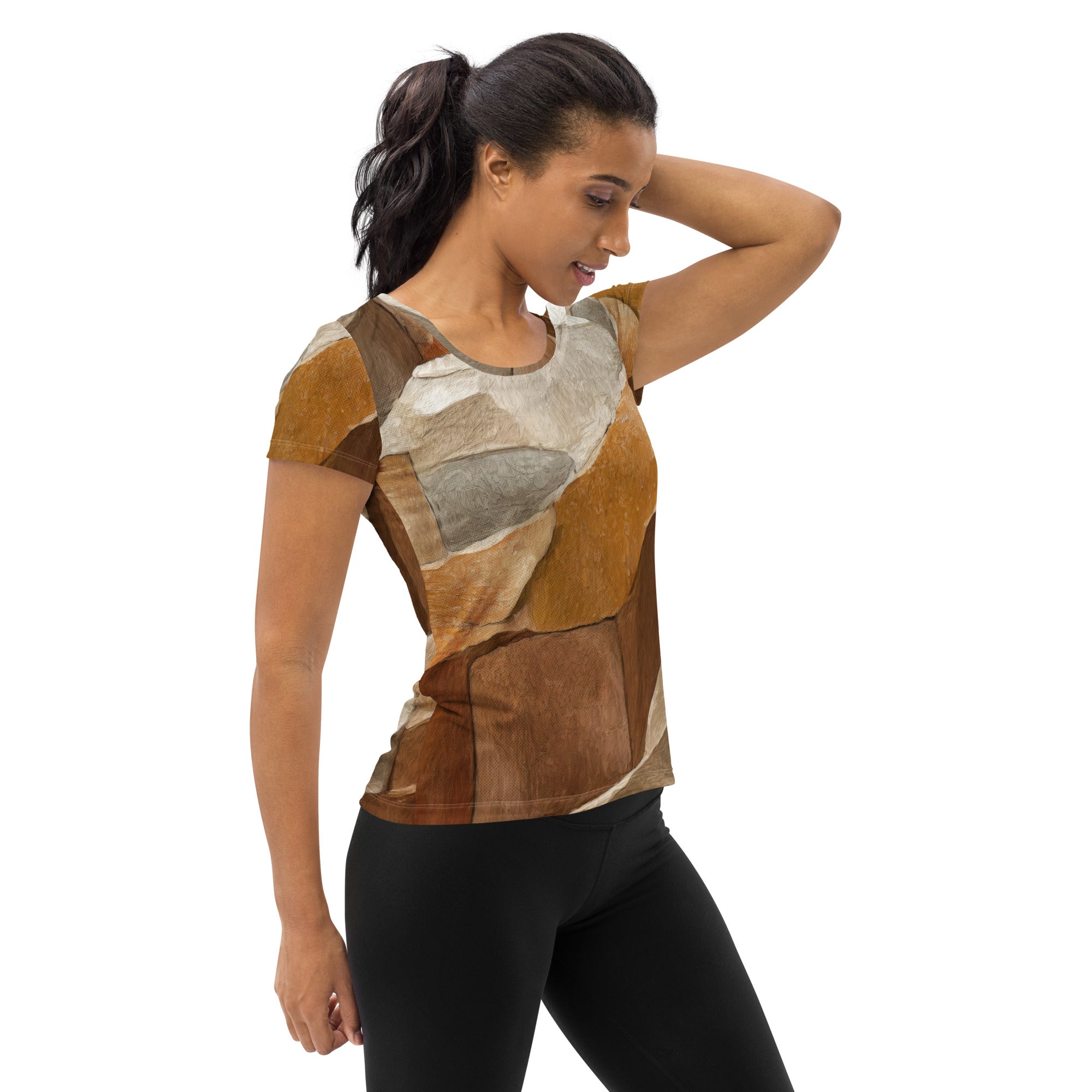 Women's Stretch Fit Athletic Sports T-shirt in Abstract Stone Print, showcasing a stylish design and comfortable fit for workouts.