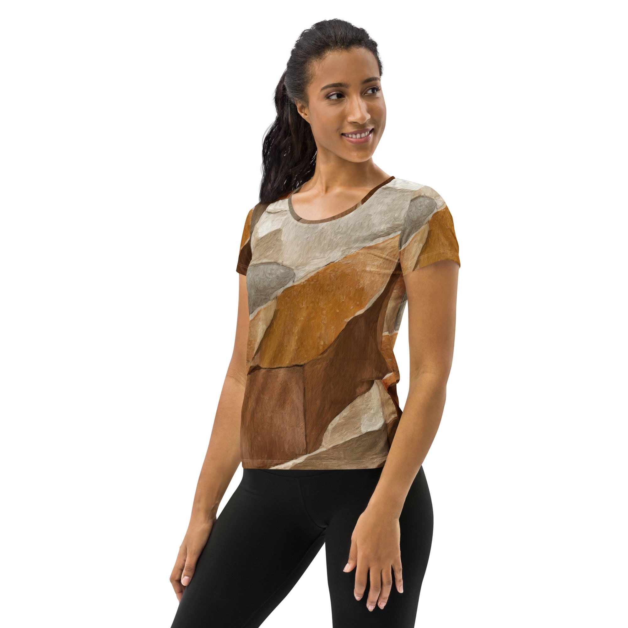 Women's Stretch Fit Athletic Sports T-shirt in Abstract Stone Print, showcasing a stylish design and comfortable fit for workouts.