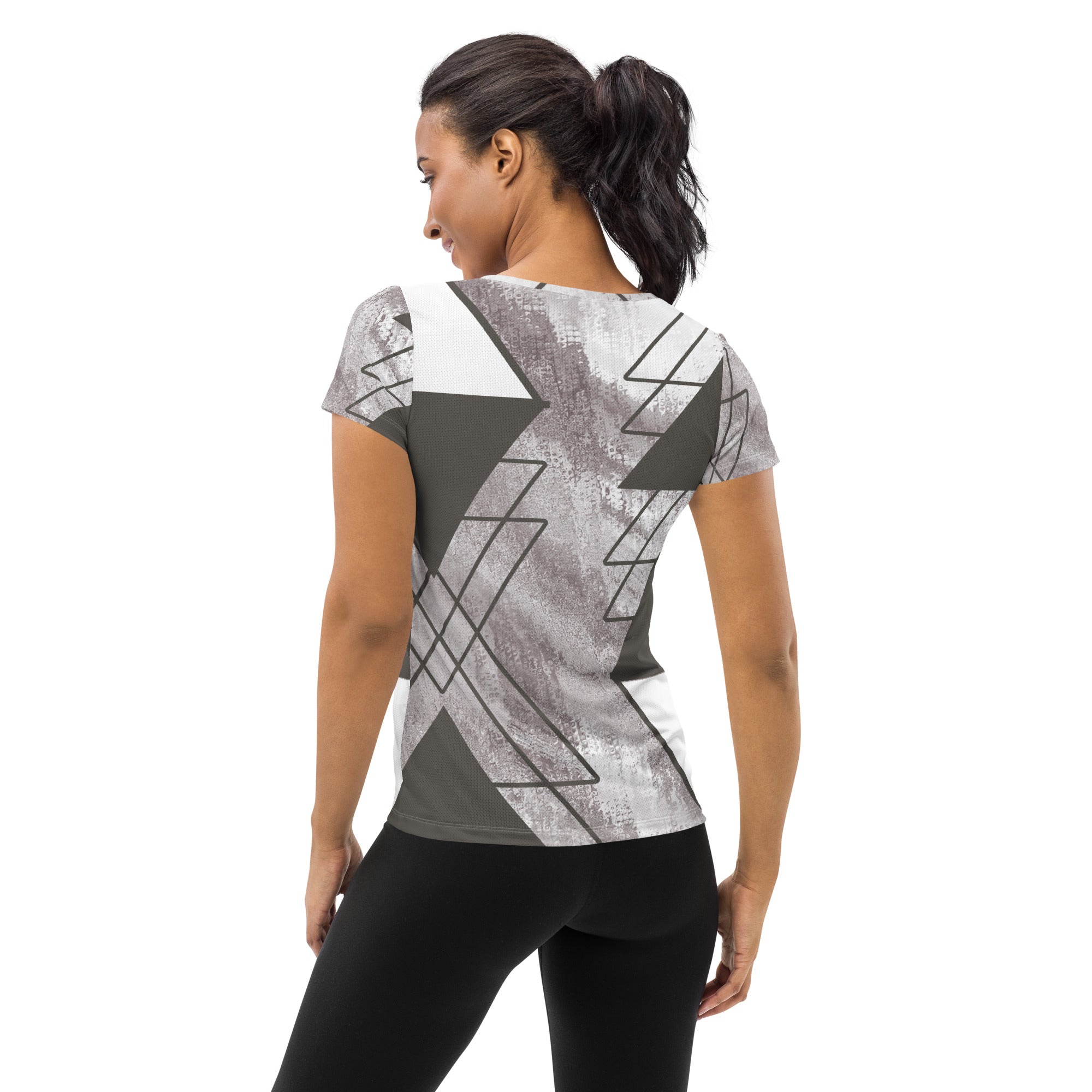 Women's Stretch Fit Athletic Sports T-shirt in Ash Grey and White, featuring a triangular colorblock design and short sleeves.