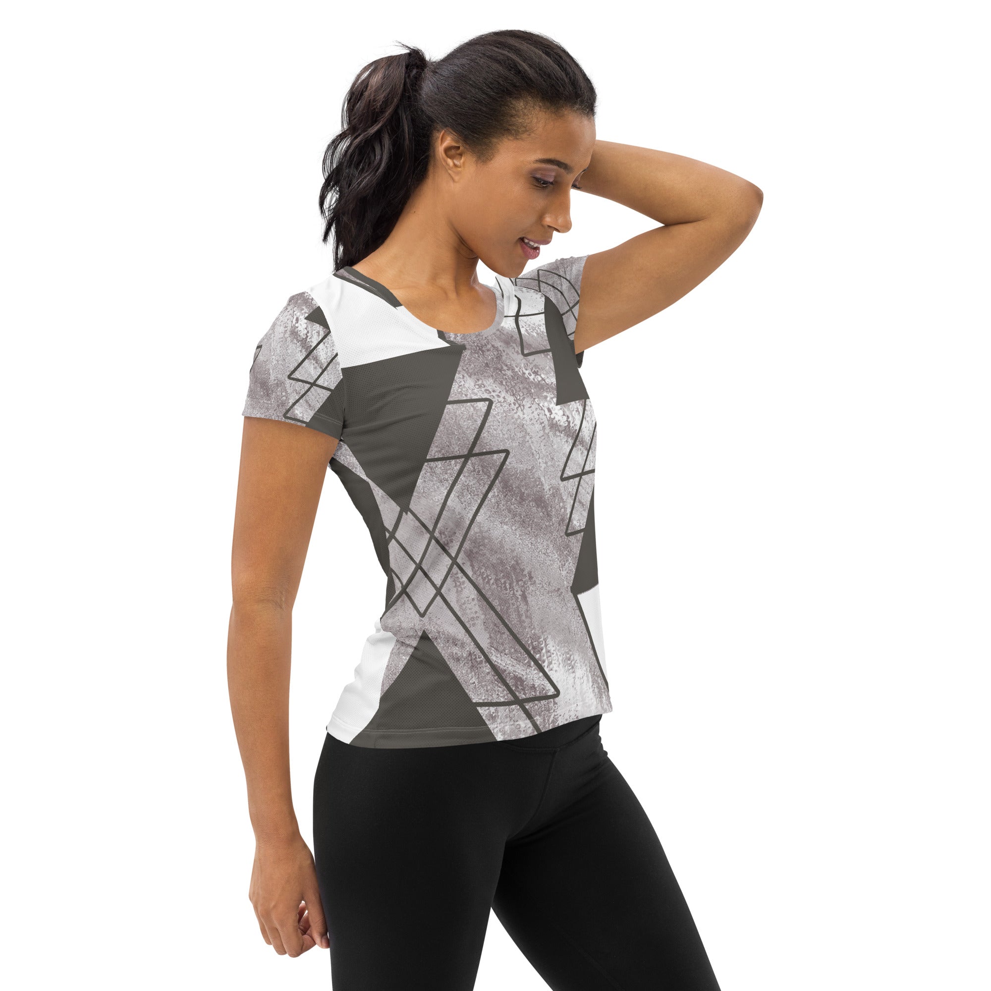 Women's Stretch Fit Athletic Sports T-shirt in Ash Grey and White, featuring a triangular colorblock design and short sleeves.