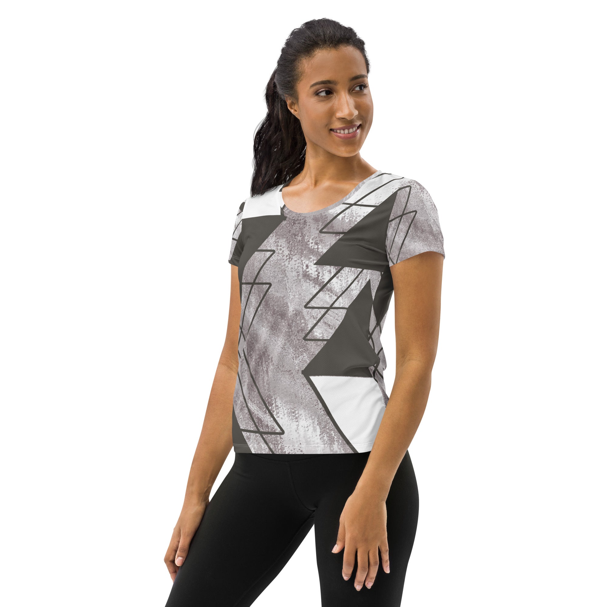 Women's Stretch Fit Athletic Sports T-shirt in Ash Grey and White, featuring a triangular colorblock design and short sleeves.