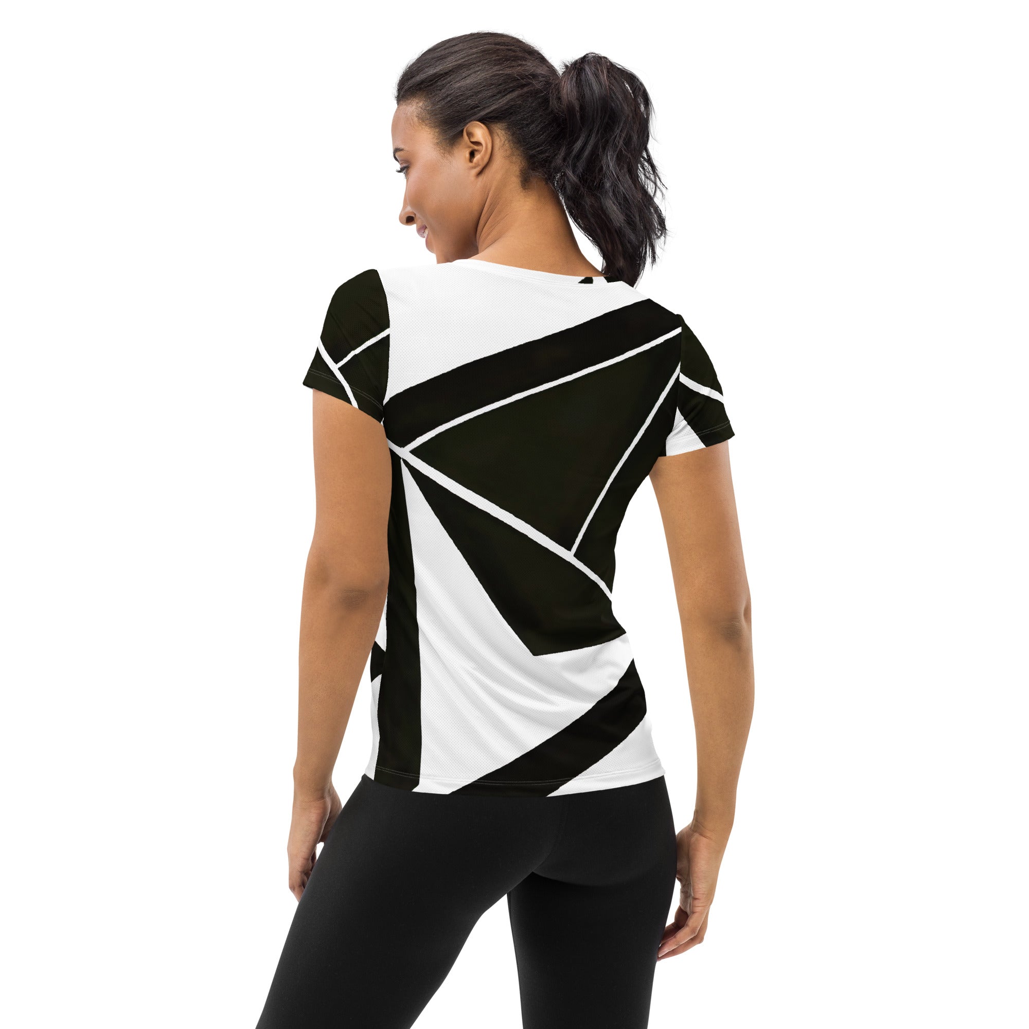Women's Stretch Fit Athletic Sports T-shirt in black and white geometric pattern, showcasing its flexible fit and stylish design.