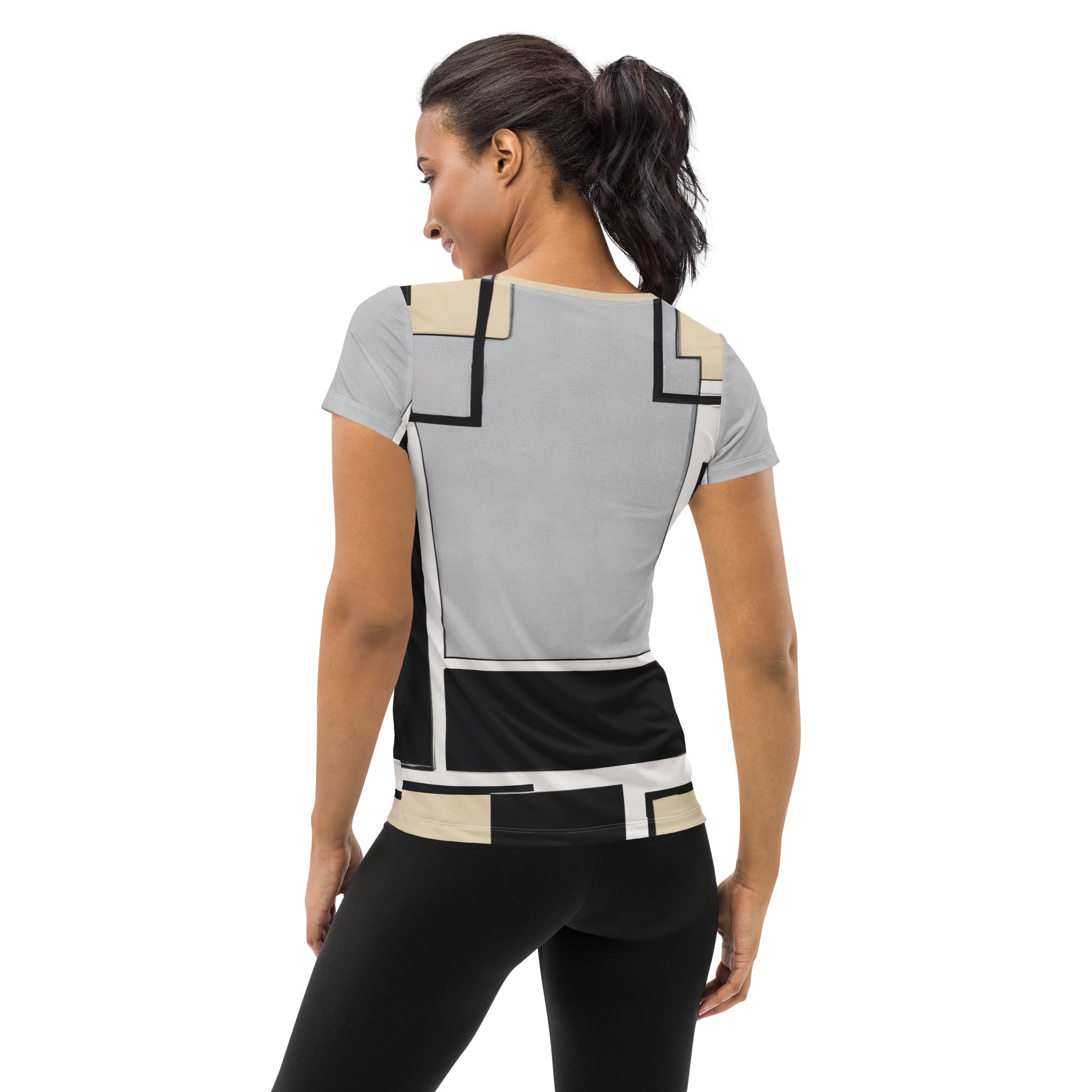 Women's Stretch Fit Athletic Sports T-shirt in black grey abstract pattern, showcasing its flexible fit and stylish design.