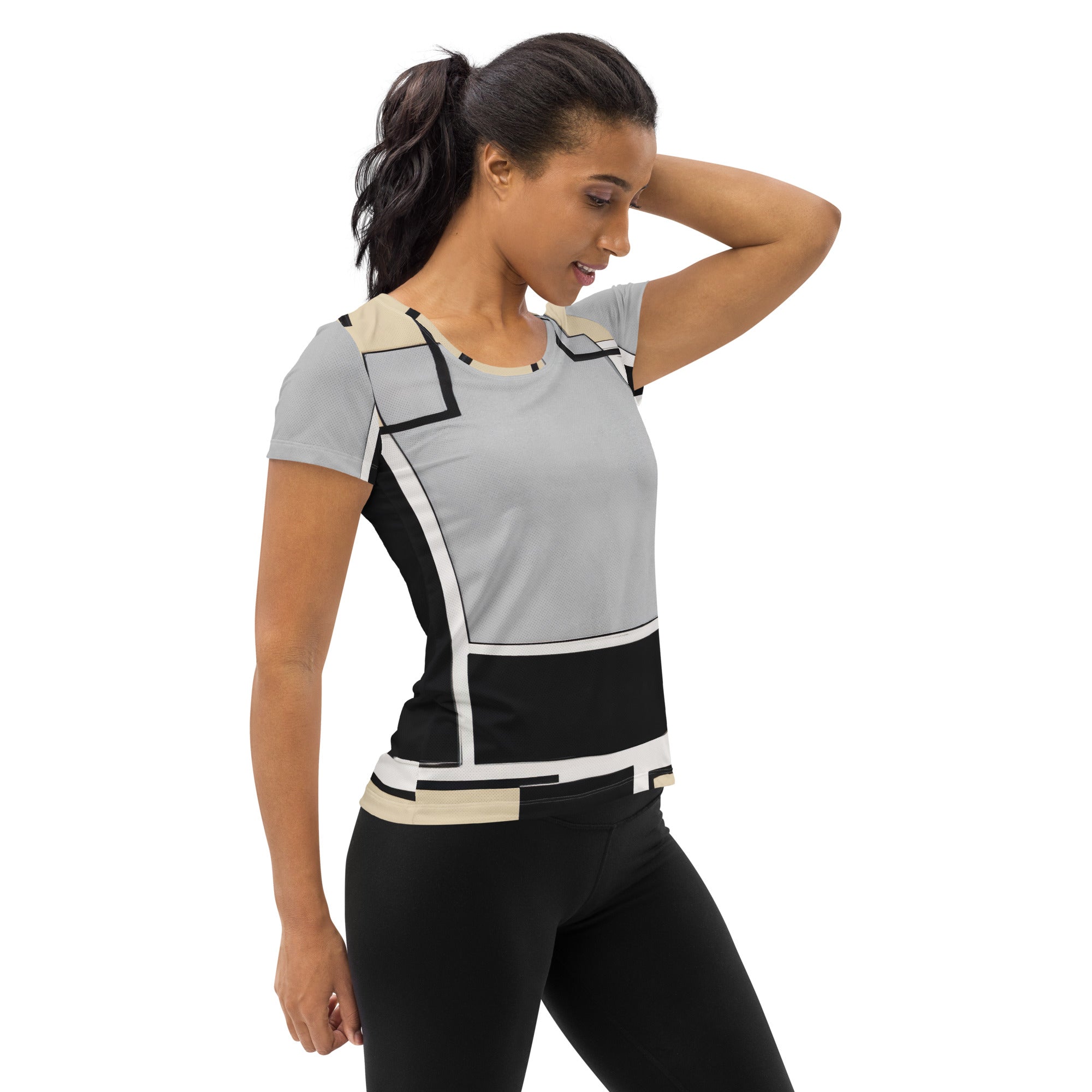 Women's Stretch Fit Athletic Sports T-shirt in black grey abstract pattern, showcasing its flexible fit and stylish design.