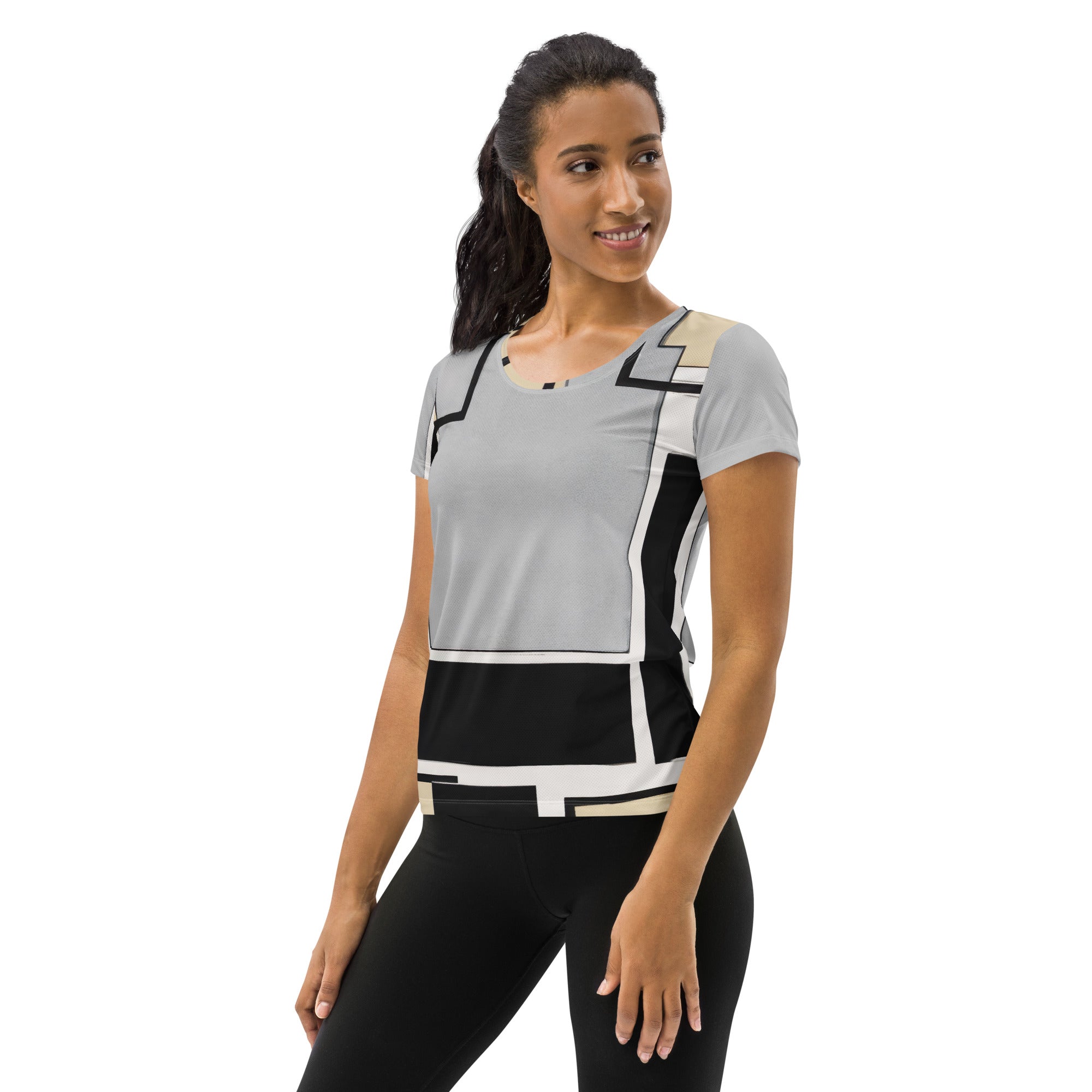 Women's Stretch Fit Athletic Sports T-shirt in black grey abstract pattern, showcasing its flexible fit and stylish design.