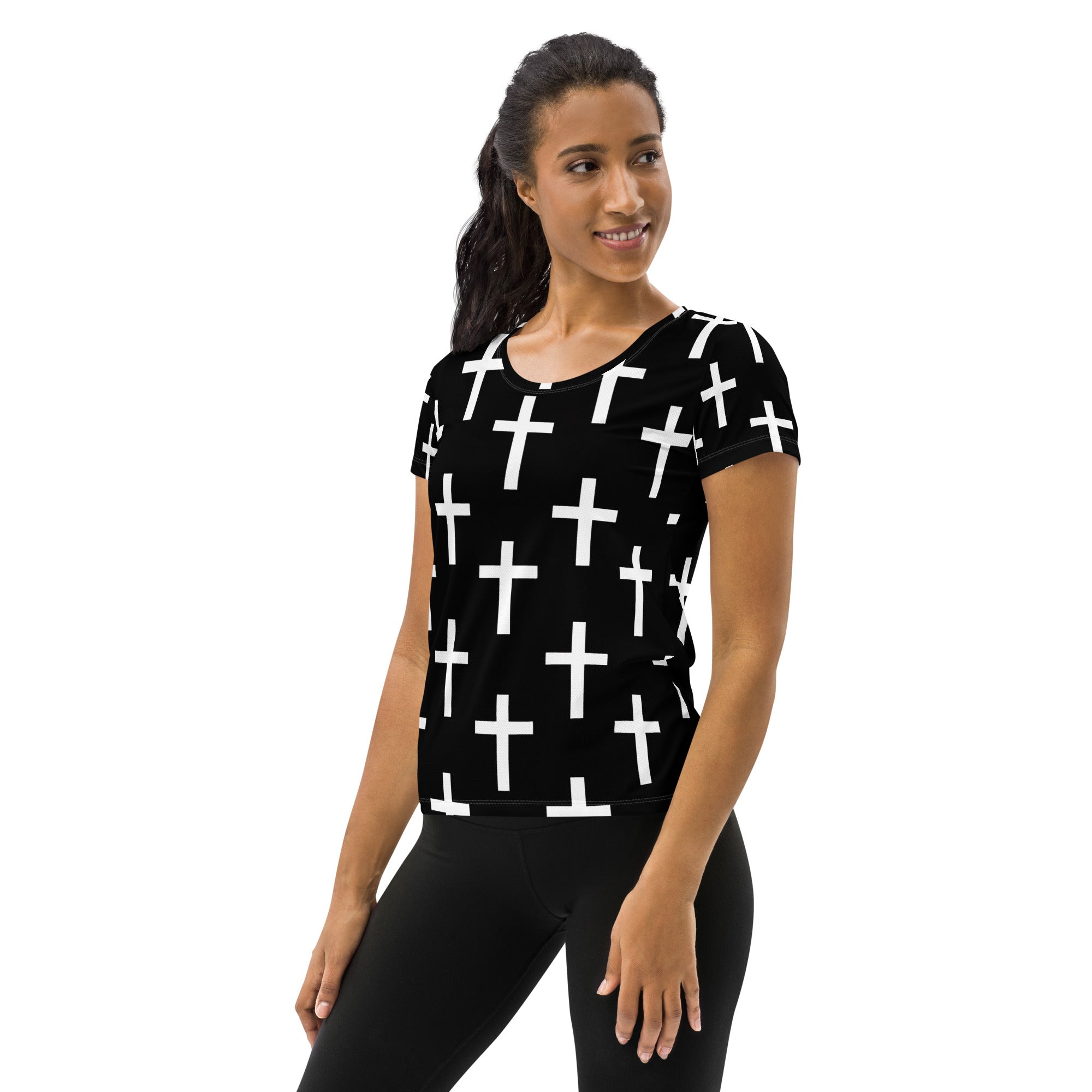 Women's Stretch Fit Athletic Sports T-shirt in black and white cross print, showcasing its form-fitting design and soft fabric.