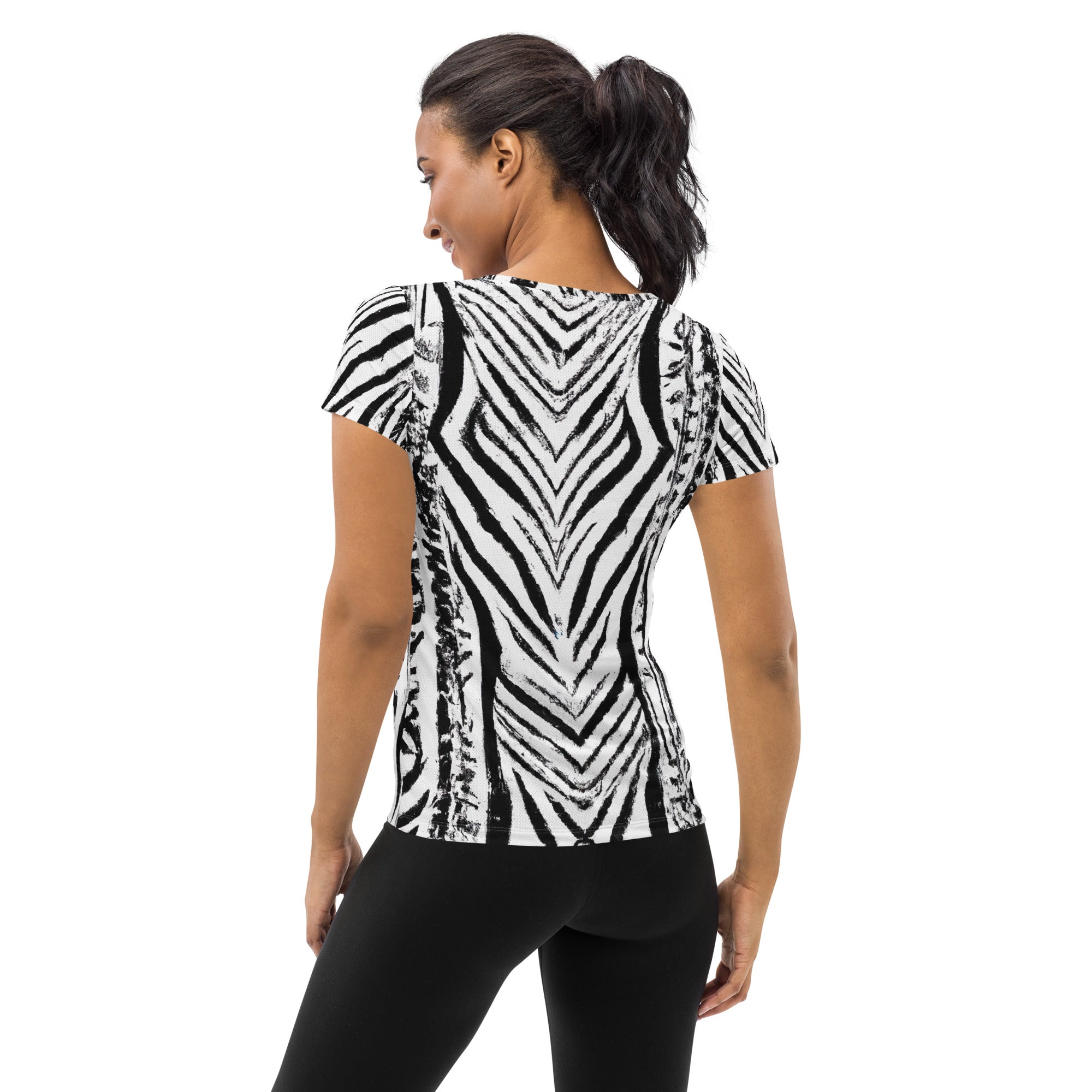 Women's Stretch Fit Athletic Sports T-shirt in black and white native print, showcasing a comfortable and flexible fit for workouts.