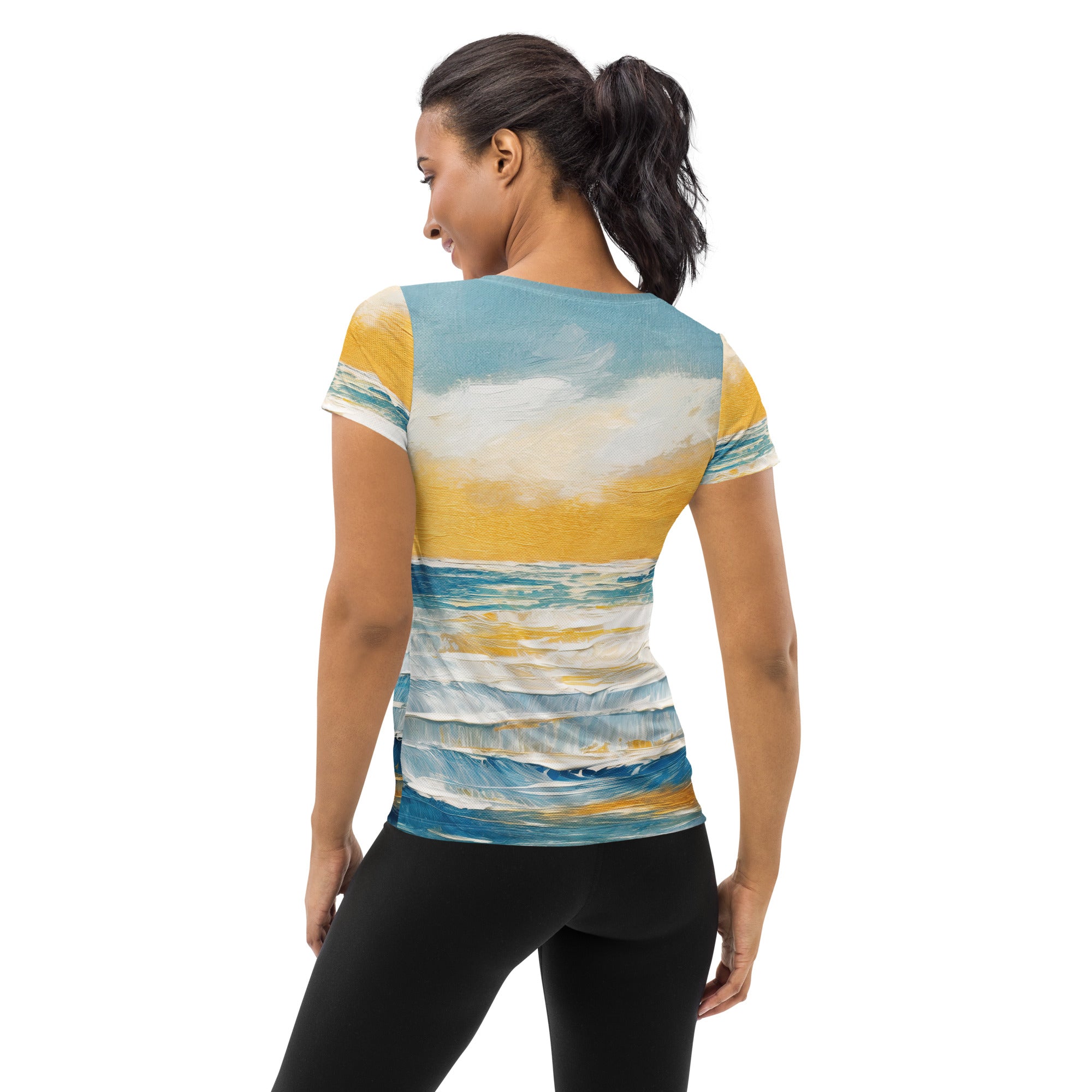 Women's Stretch Fit Athletic Sports T-shirt in Blue Ocean Golden Sunset print, showcasing a comfortable and stylish design for workouts.