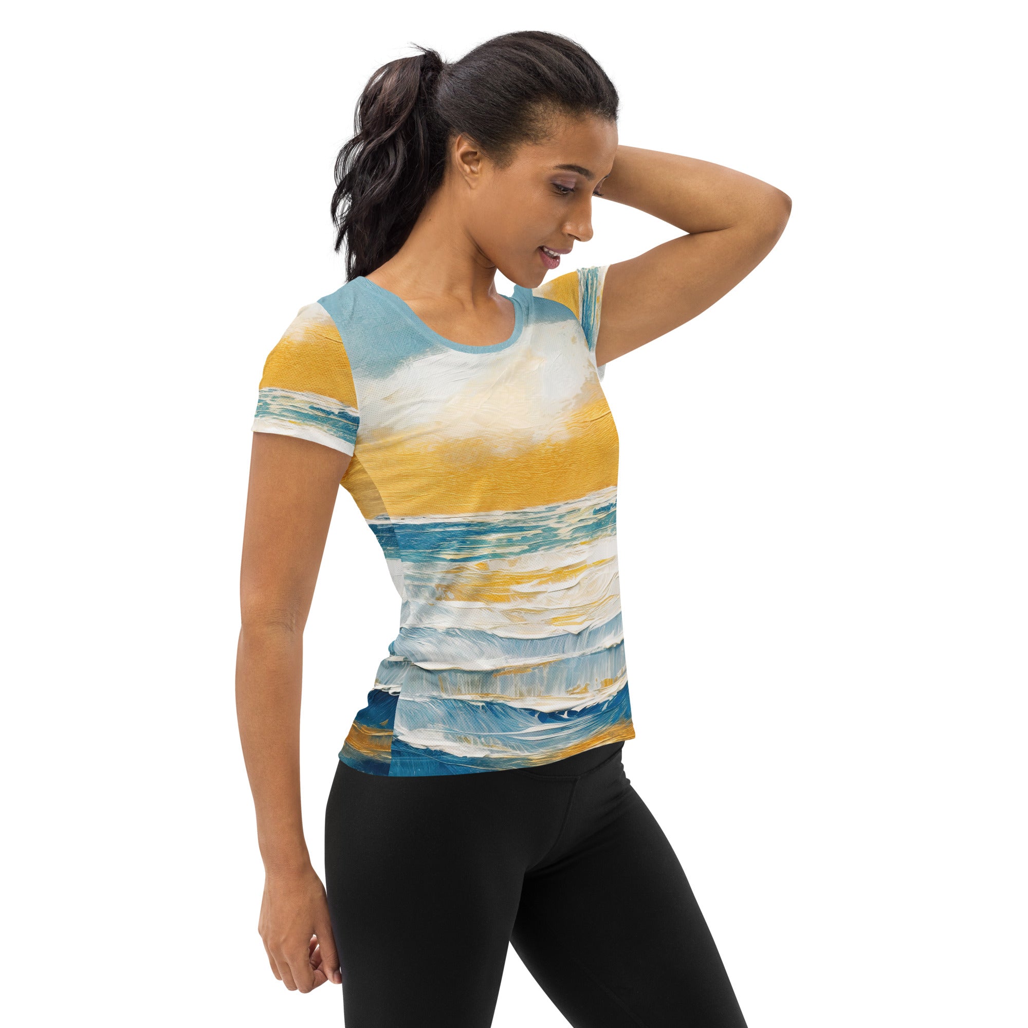 Women's Stretch Fit Athletic Sports T-shirt in Blue Ocean Golden Sunset print, showcasing a comfortable and stylish design for workouts.
