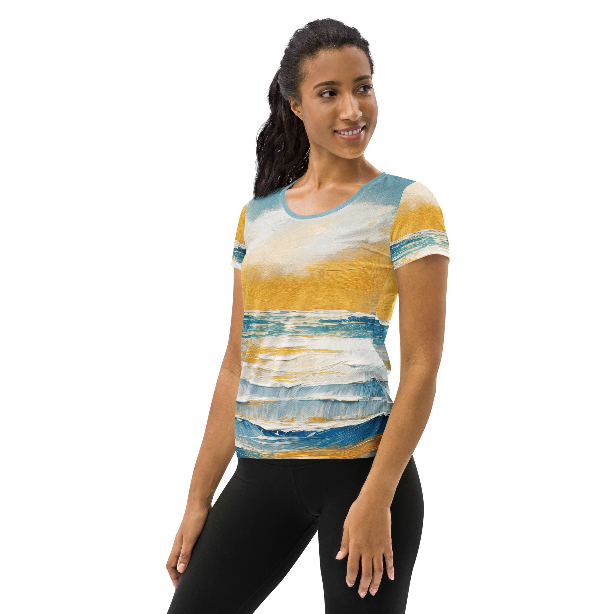 Women's Stretch Fit Athletic Sports T-shirt in Blue Ocean Golden Sunset print, showcasing a comfortable and stylish design for workouts.