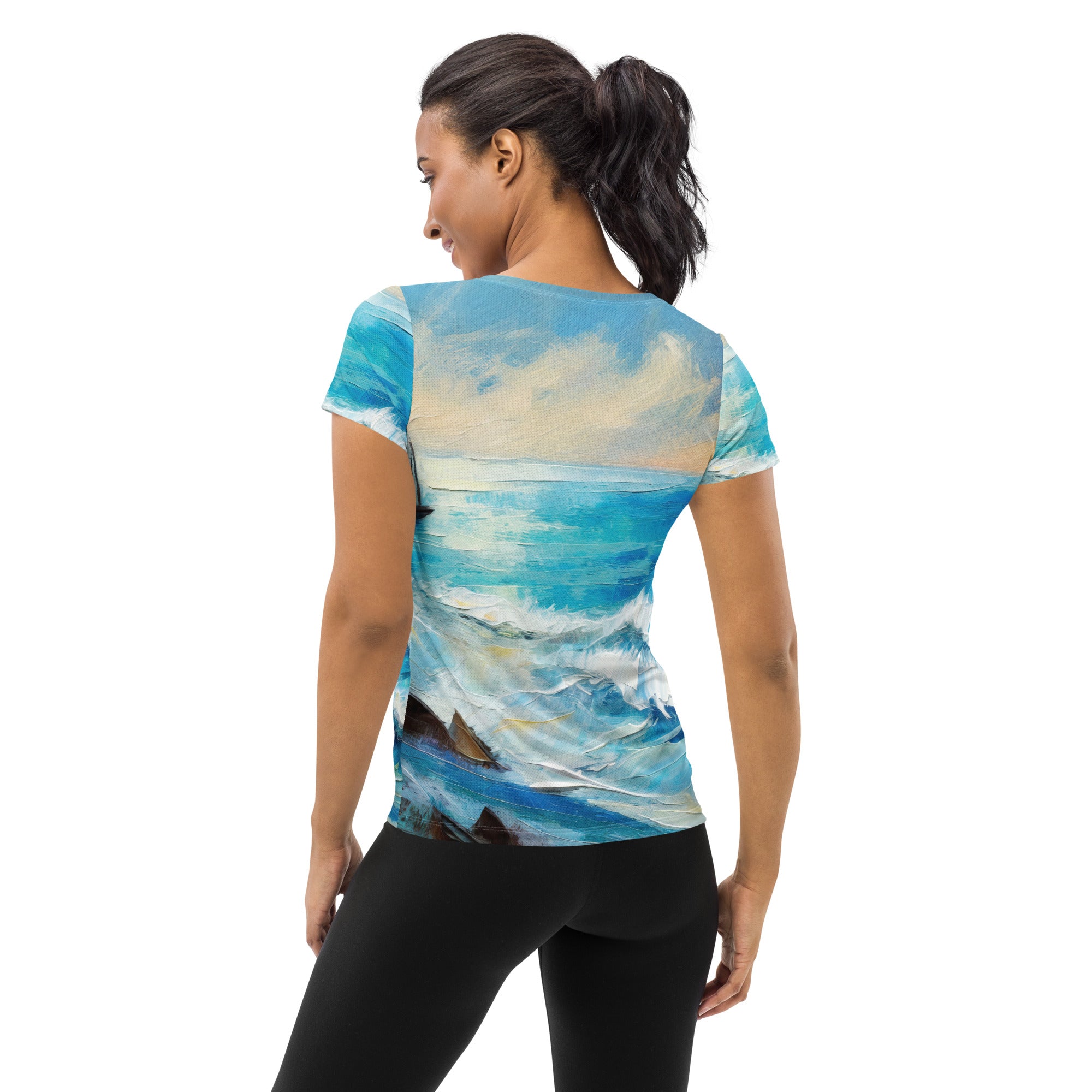 Women's Stretch Fit Athletic Sports T-shirt in Blue Ocean Print, showcasing a vibrant design and comfortable fit, ideal for workouts.