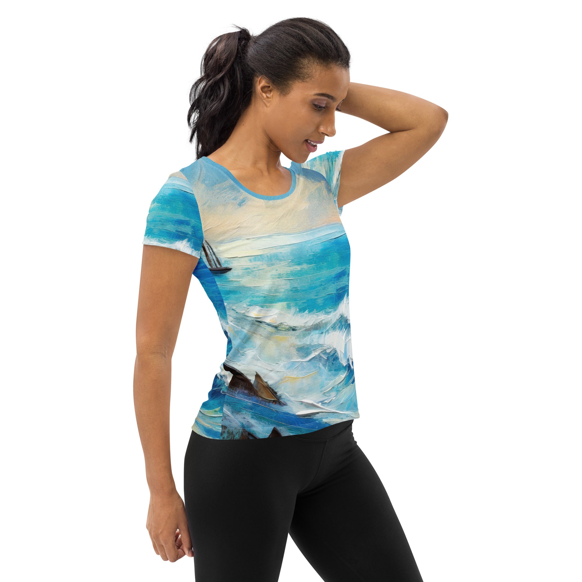 Women's Stretch Fit Athletic Sports T-shirt in Blue Ocean Print, showcasing a vibrant design and comfortable fit, ideal for workouts.