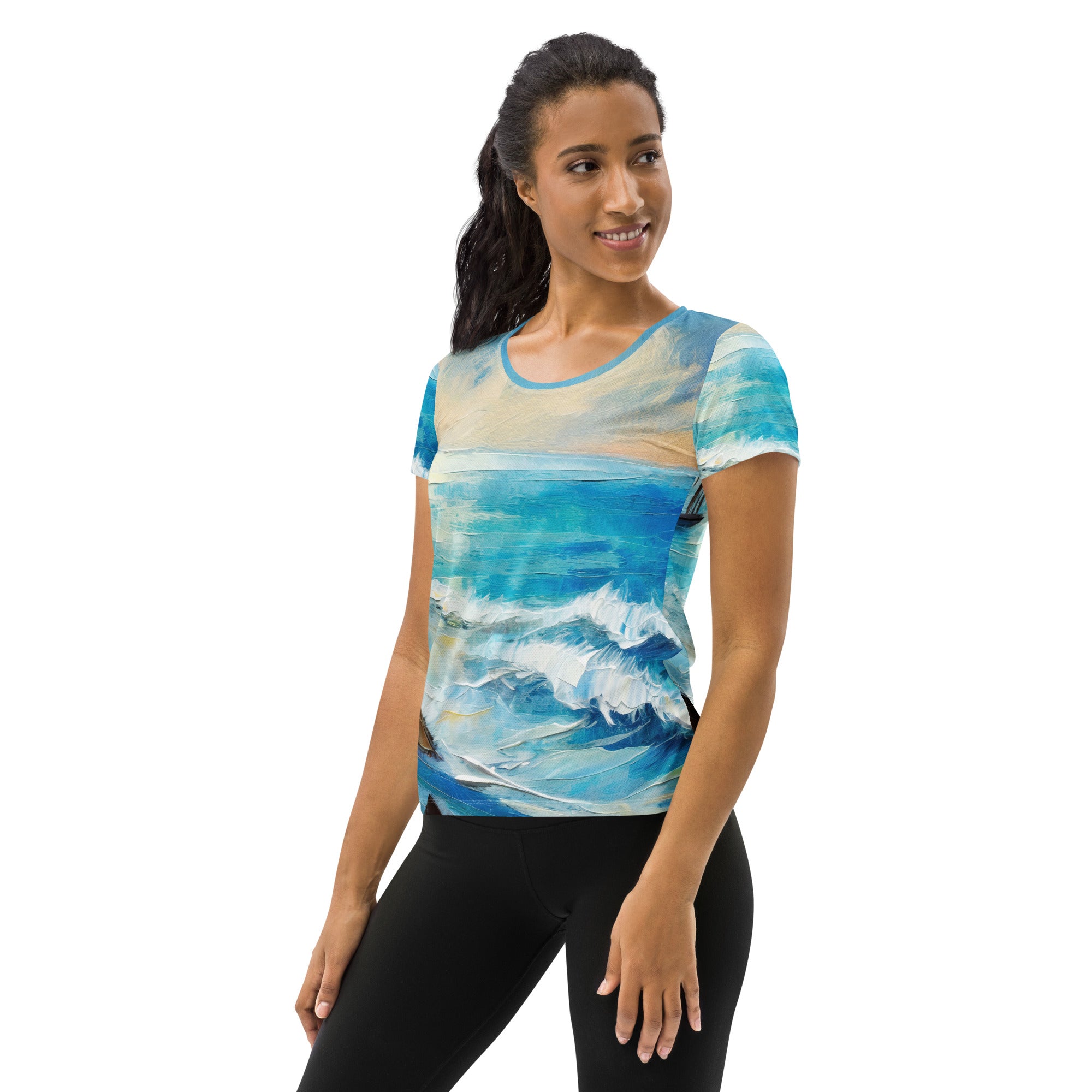 Women's Stretch Fit Athletic Sports T-shirt in Blue Ocean Print, showcasing a vibrant design and comfortable fit, ideal for workouts.