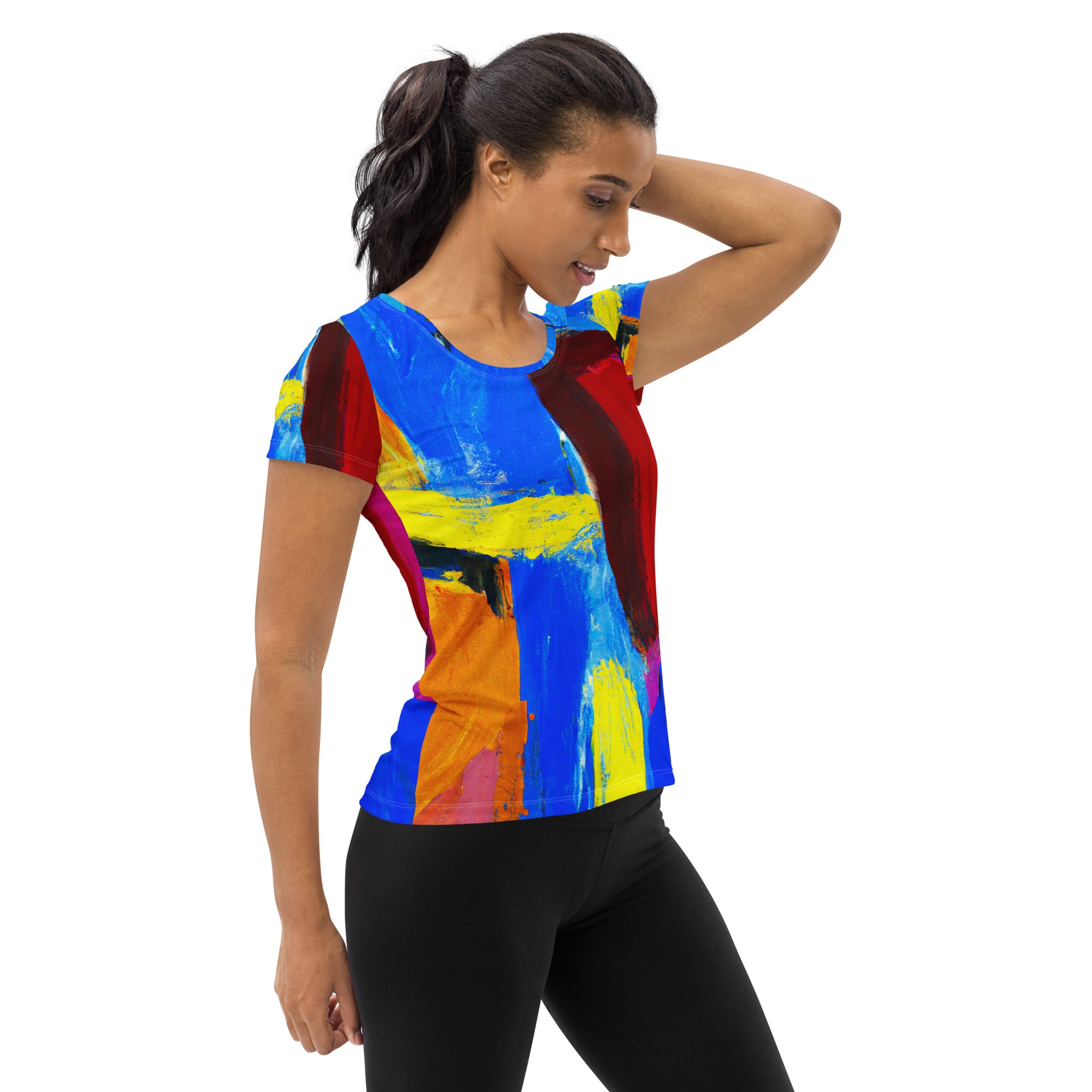 Women's Stretch Fit Athletic Sports T-shirt in blue and red abstract pattern, showcasing its flexible fit and stylish design.