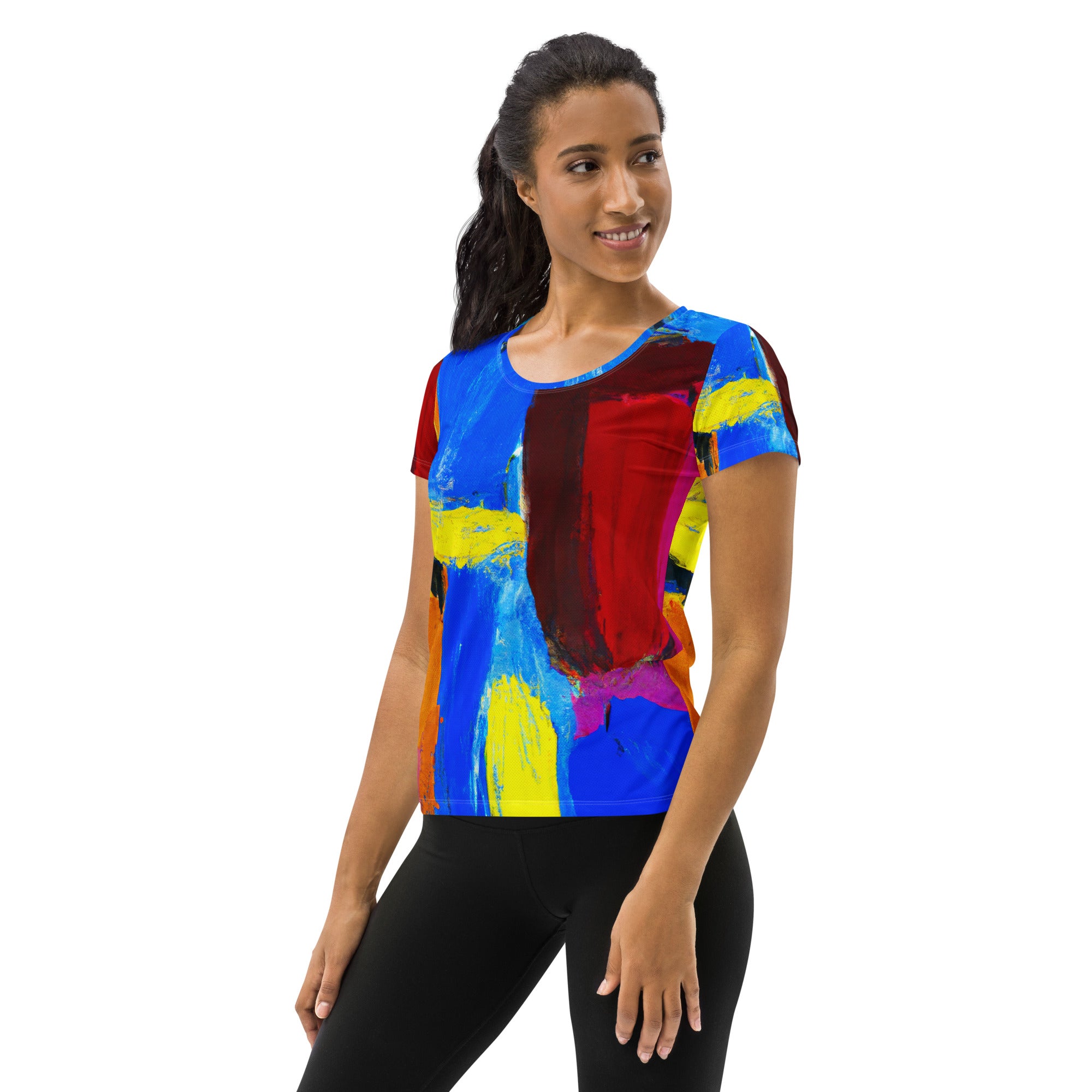 Women's Stretch Fit Athletic Sports T-shirt in blue and red abstract pattern, showcasing its flexible fit and stylish design.